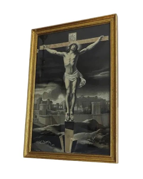 French Devotional Silk of the Crucifixion in Original Gilt Frame, Catholic Religious Wall Art - Vintage French Treasures