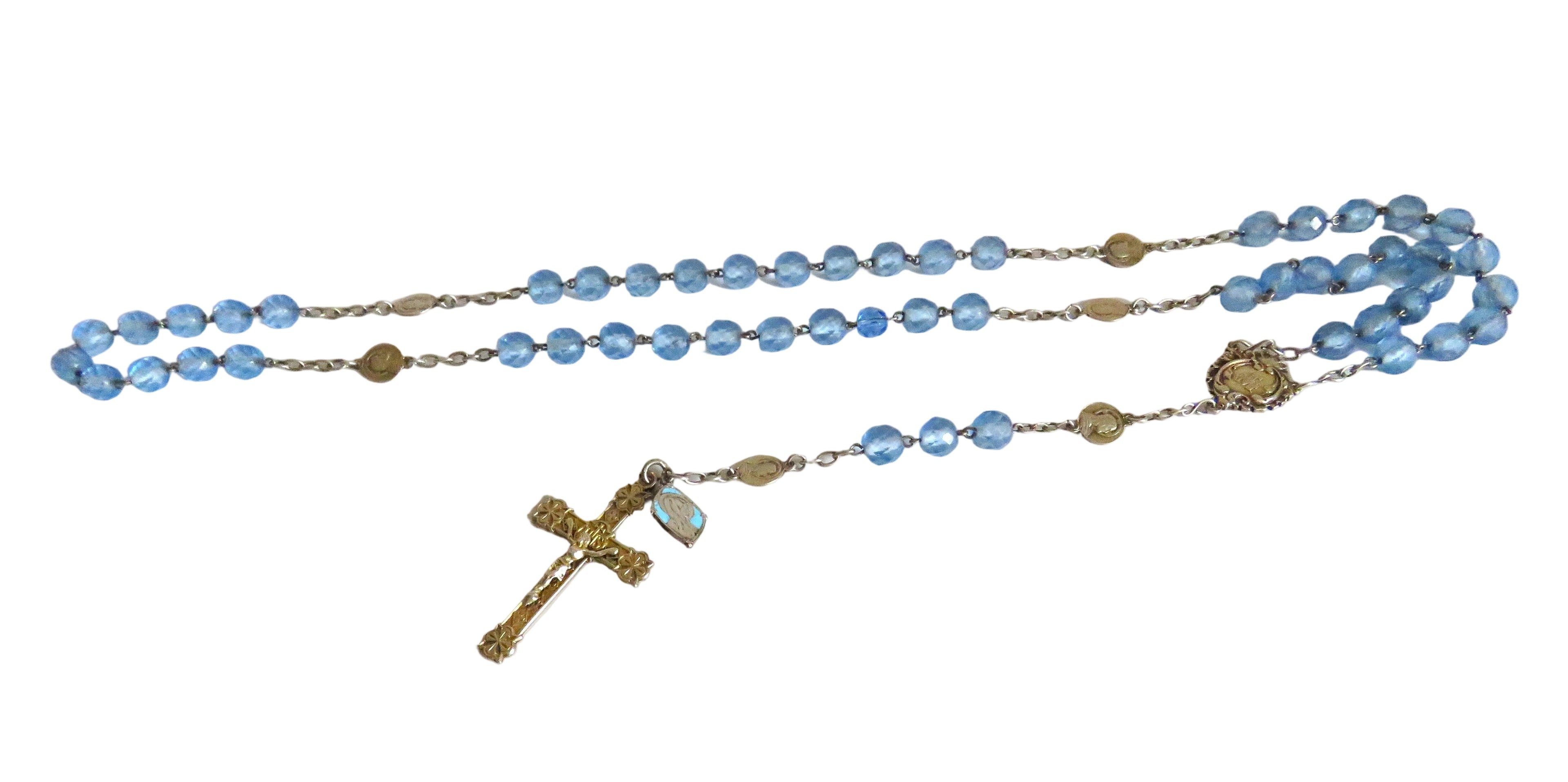 Antique French Silver Rosary Pale Blue Faceted Beads Vermeil Crucifix Marian Centre Enamel Medal - Vintage French Treasures