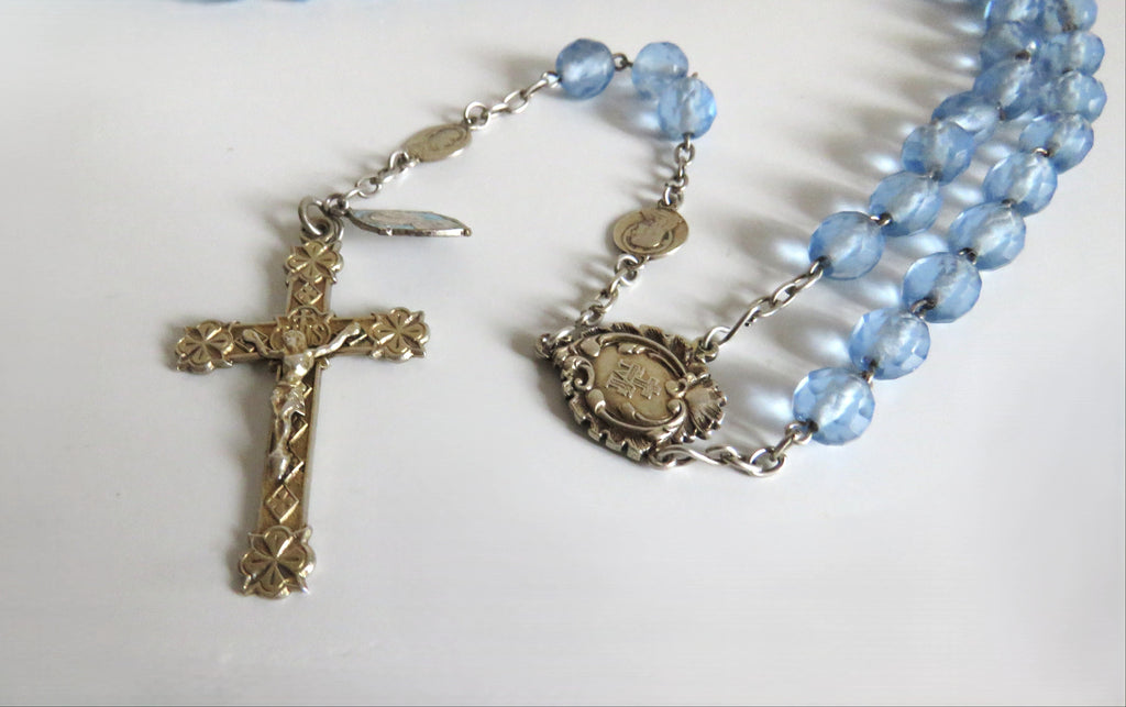 Antique French Silver Rosary Pale Blue Faceted Beads Vermeil Crucifix Marian Centre Enamel Medal - Vintage French Treasures
