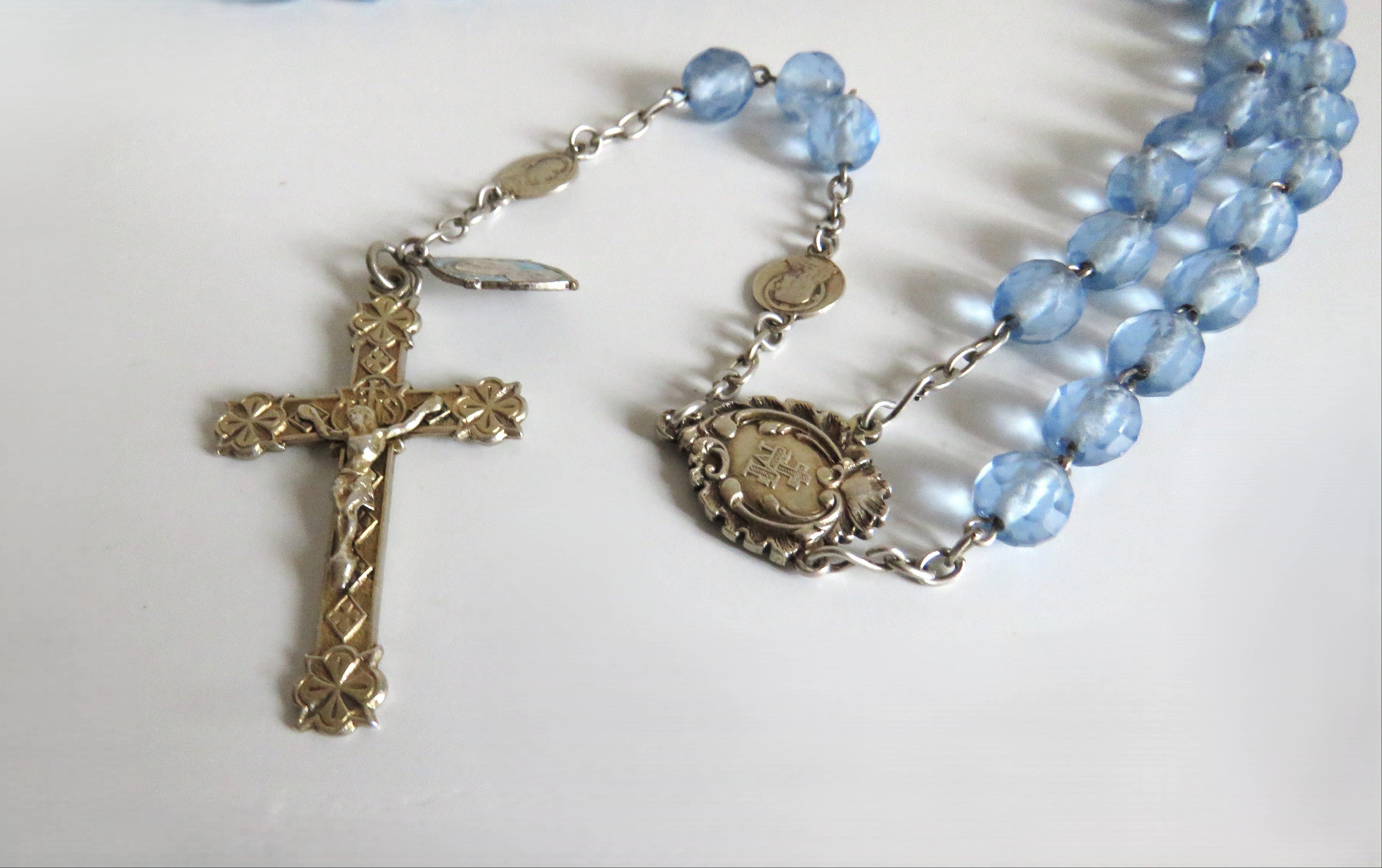 Antique French Silver Rosary Pale Blue Faceted Beads Vermeil Crucifix Marian Centre Enamel Medal - Vintage French Treasures