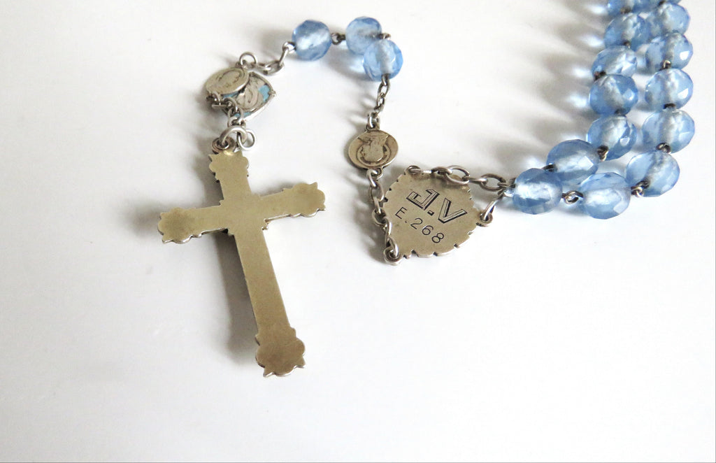 Antique French Silver Rosary Pale Blue Faceted Beads Vermeil Crucifix Marian Centre Enamel Medal - Vintage French Treasures