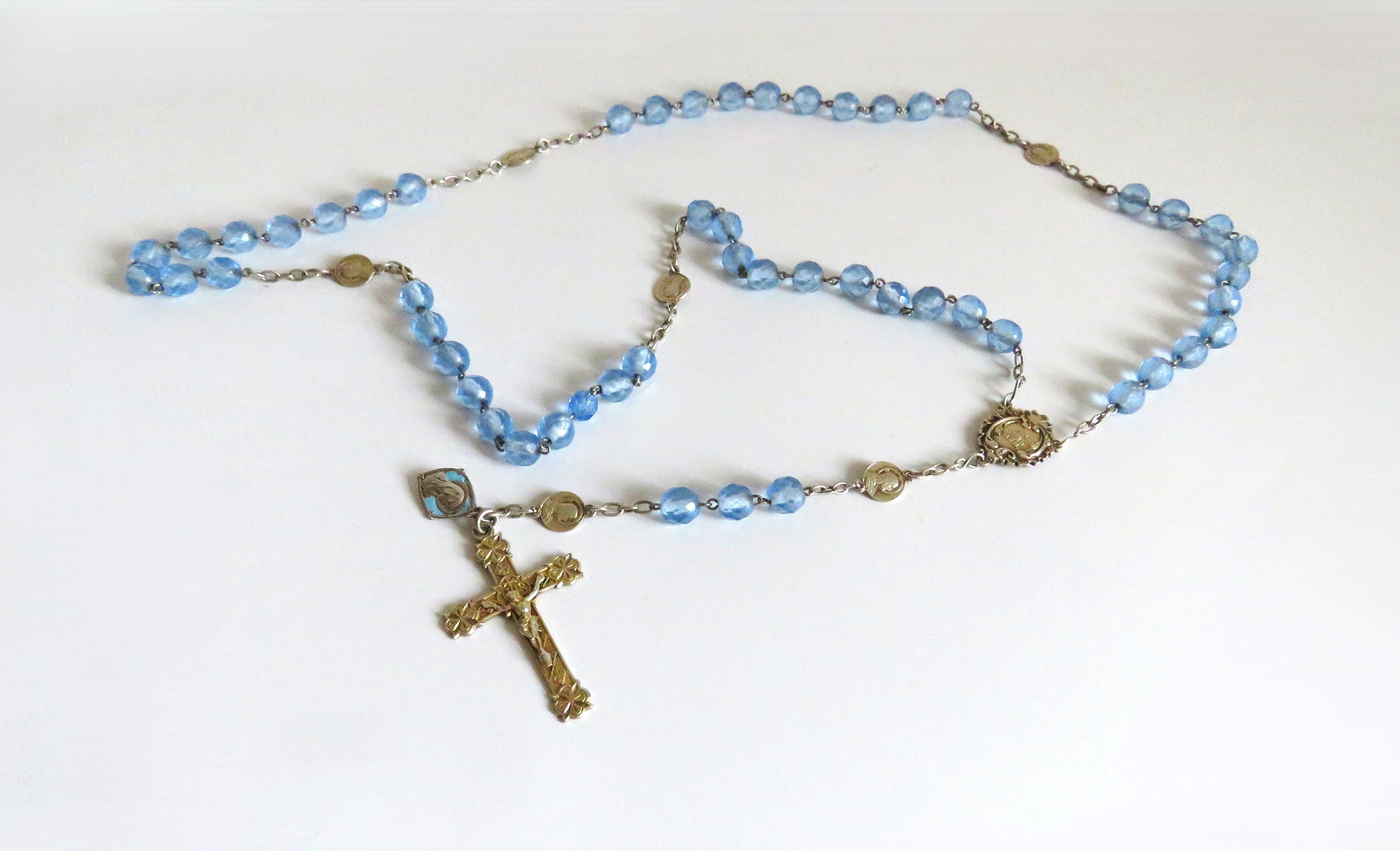 Antique French Silver Rosary Pale Blue Faceted Beads Vermeil Crucifix Marian Centre Enamel Medal - Vintage French Treasures