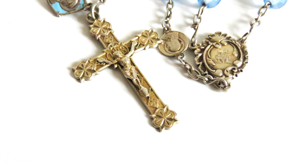 Antique French Silver Rosary Pale Blue Faceted Beads Vermeil Crucifix Marian Centre Enamel Medal - Vintage French Treasures