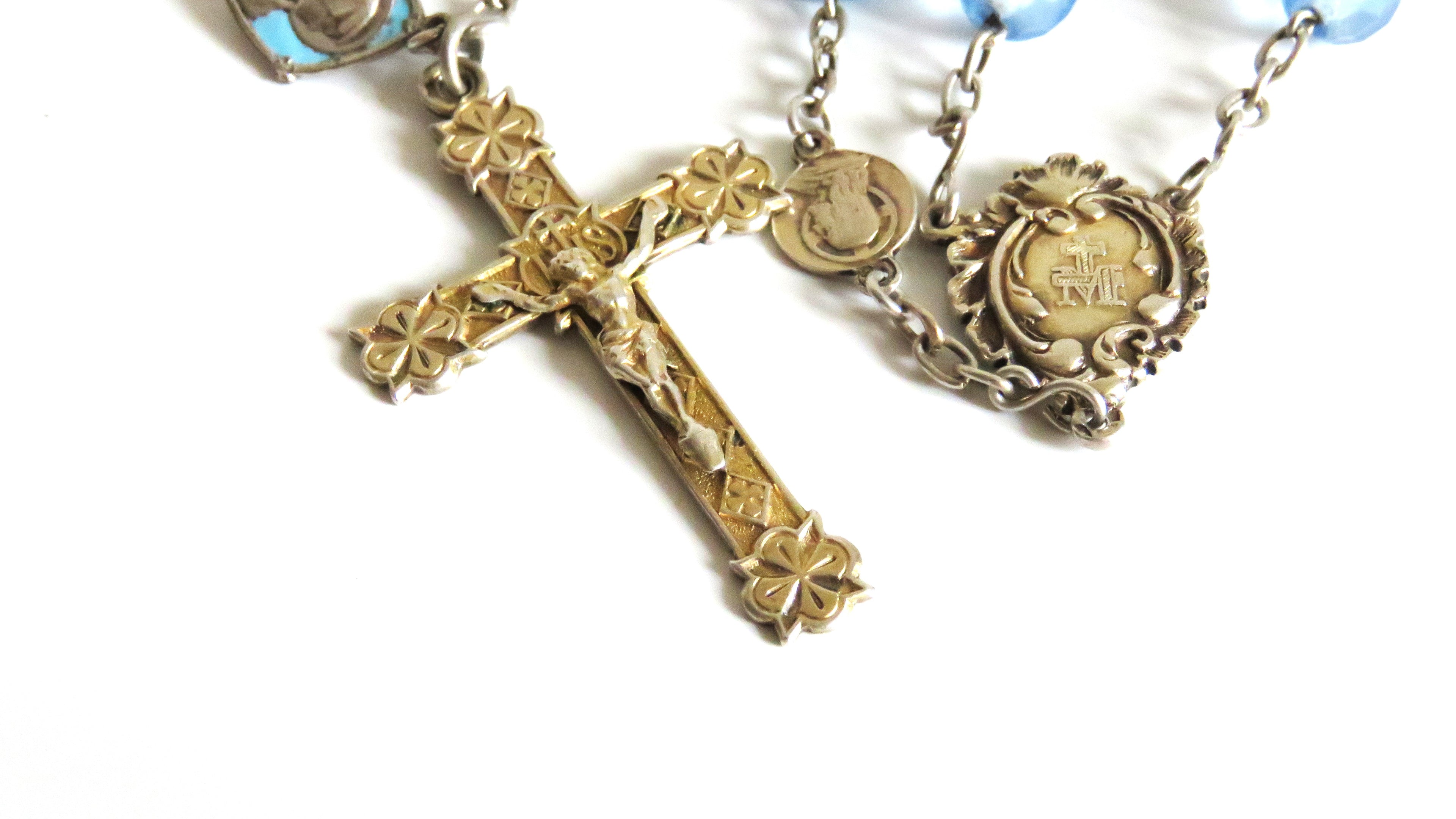 Antique French Silver Rosary Pale Blue Faceted Beads Vermeil Crucifix Marian Centre Enamel Medal - Vintage French Treasures