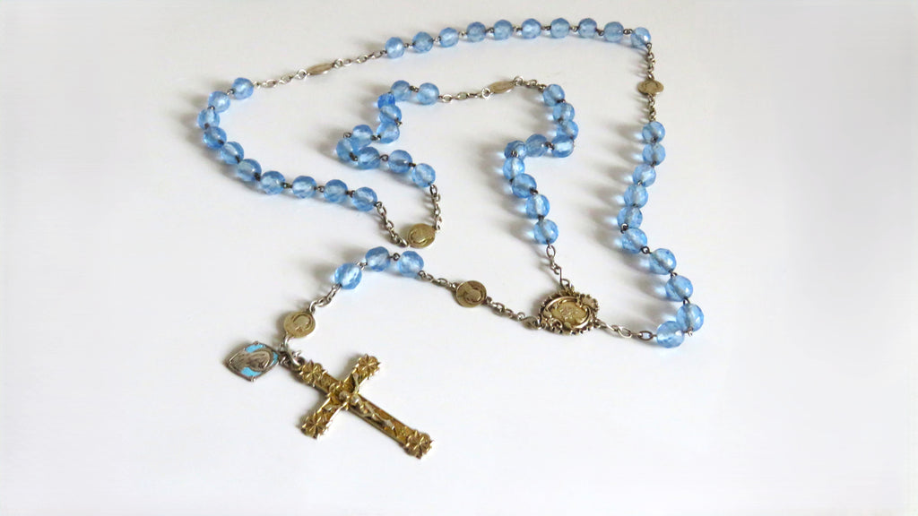 Antique French Silver Rosary Pale Blue Faceted Beads Vermeil Crucifix Marian Centre Enamel Medal - Vintage French Treasures