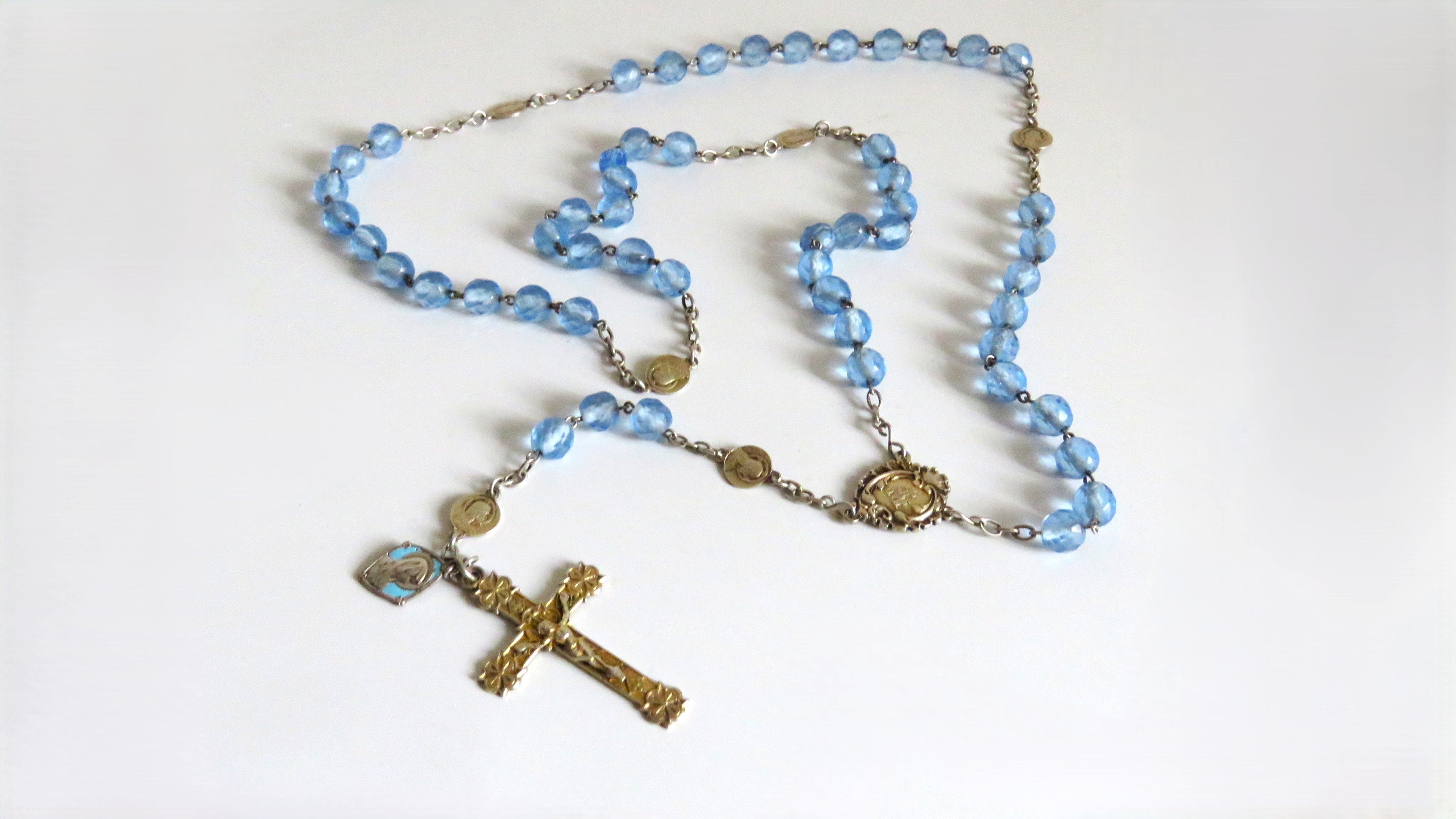 Antique French Silver Rosary Pale Blue Faceted Beads Vermeil Crucifix Marian Centre Enamel Medal - Vintage French Treasures