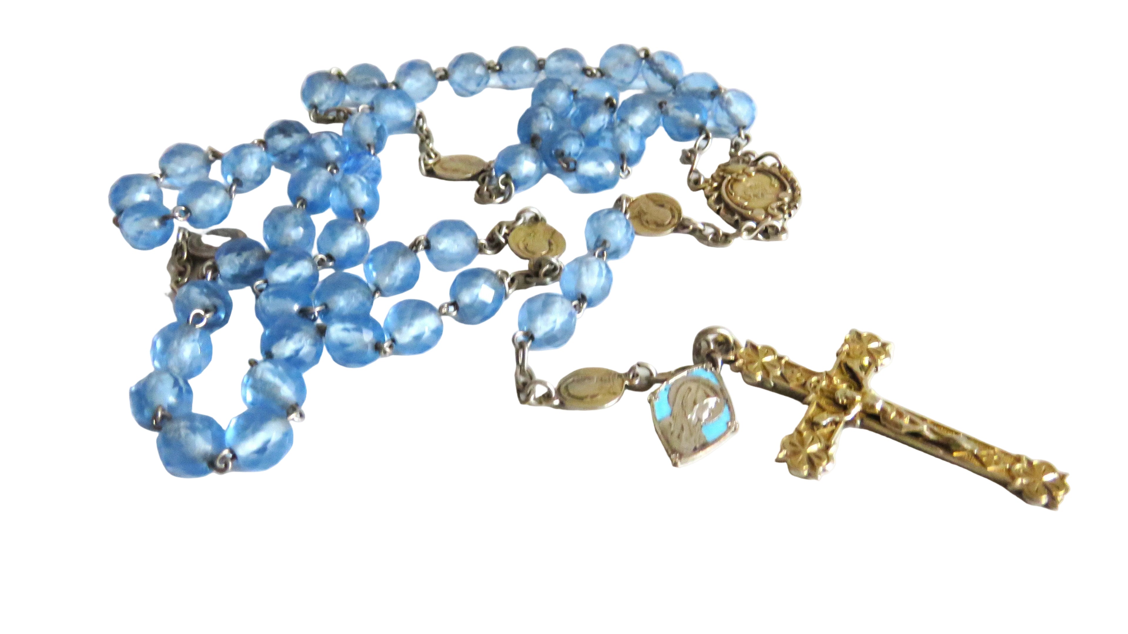 Antique French Silver Rosary Pale Blue Faceted Beads Vermeil Crucifix Marian Centre Enamel Medal - Vintage French Treasures