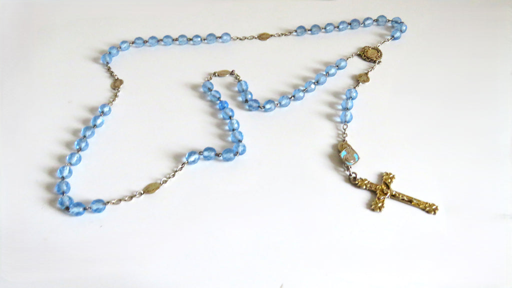 Antique French Silver Rosary Pale Blue Faceted Beads Vermeil Crucifix Marian Centre Enamel Medal - Vintage French Treasures