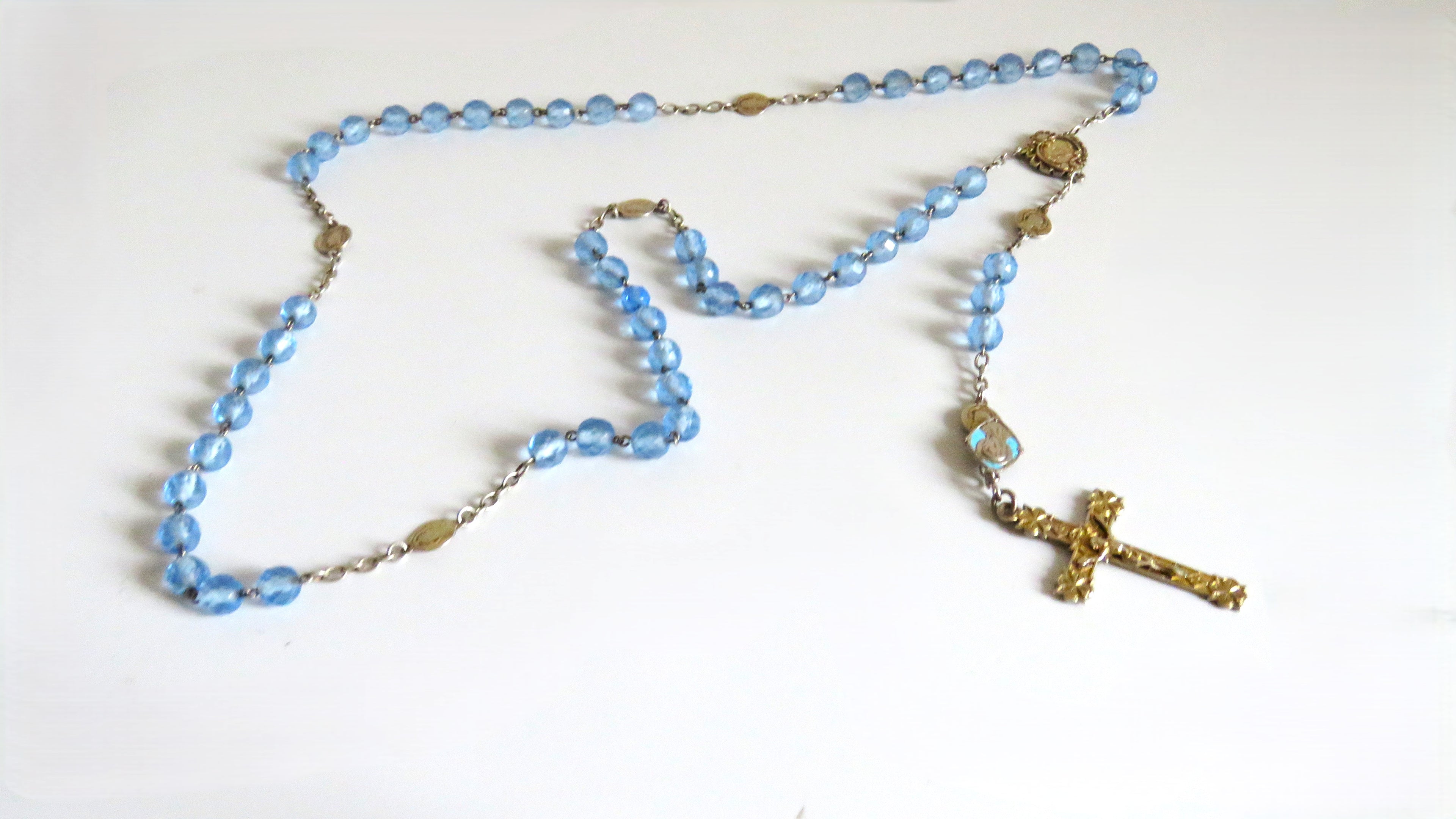 Antique French Silver Rosary Pale Blue Faceted Beads Vermeil Crucifix Marian Centre Enamel Medal - Vintage French Treasures