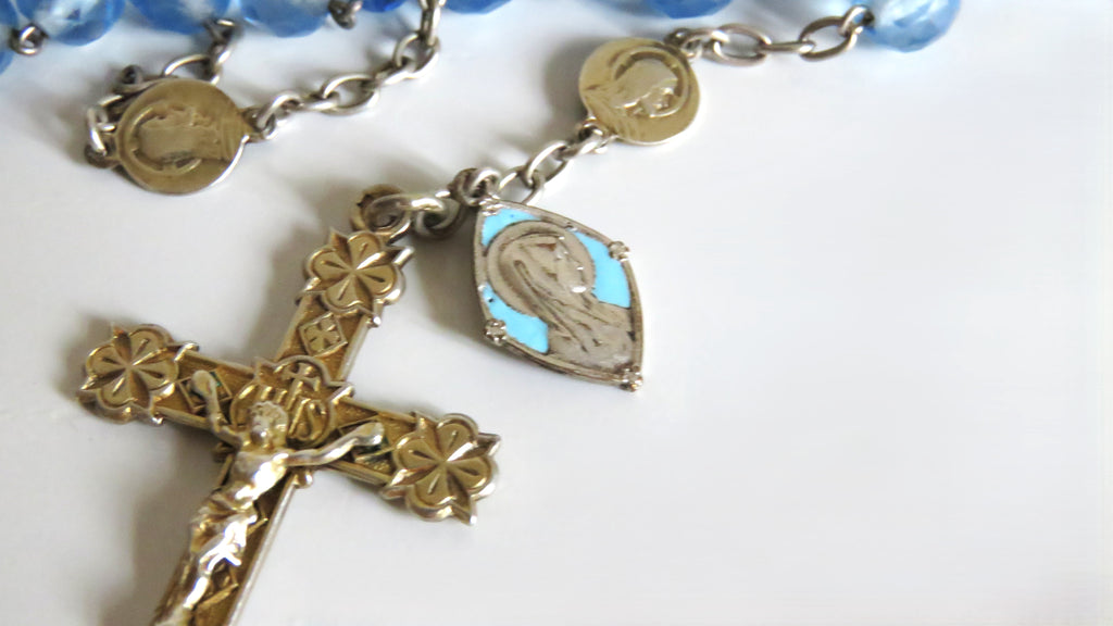 Antique French Silver Rosary Pale Blue Faceted Beads Vermeil Crucifix Marian Centre Enamel Medal - Vintage French Treasures