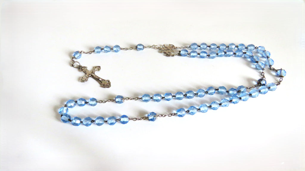Antique French Silver Rosary Pale Blue Faceted Beads Vermeil Crucifix Marian Centre Enamel Medal - Vintage French Treasures