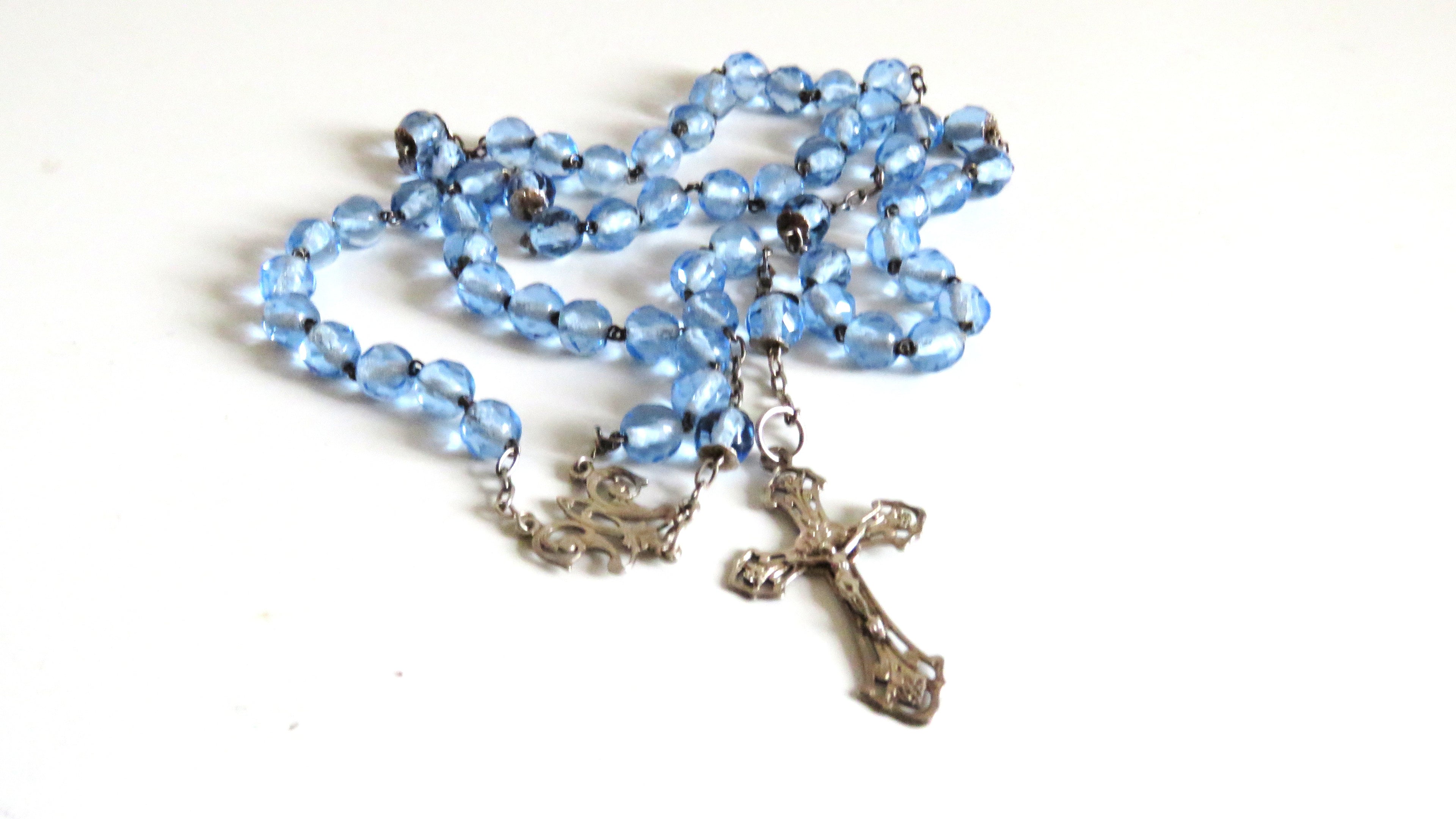Antique French Silver Rosary Pale Blue Faceted Beads Vermeil Crucifix Marian Centre Enamel Medal - Vintage French Treasures