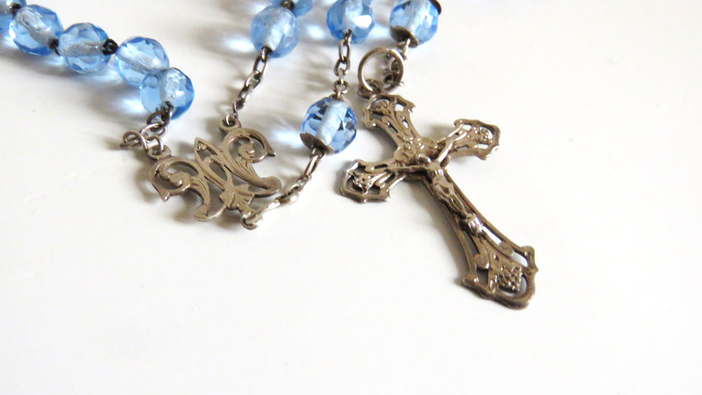 Antique French Silver Rosary Pale Blue Faceted Beads Vermeil Crucifix Marian Centre Enamel Medal - Vintage French Treasures
