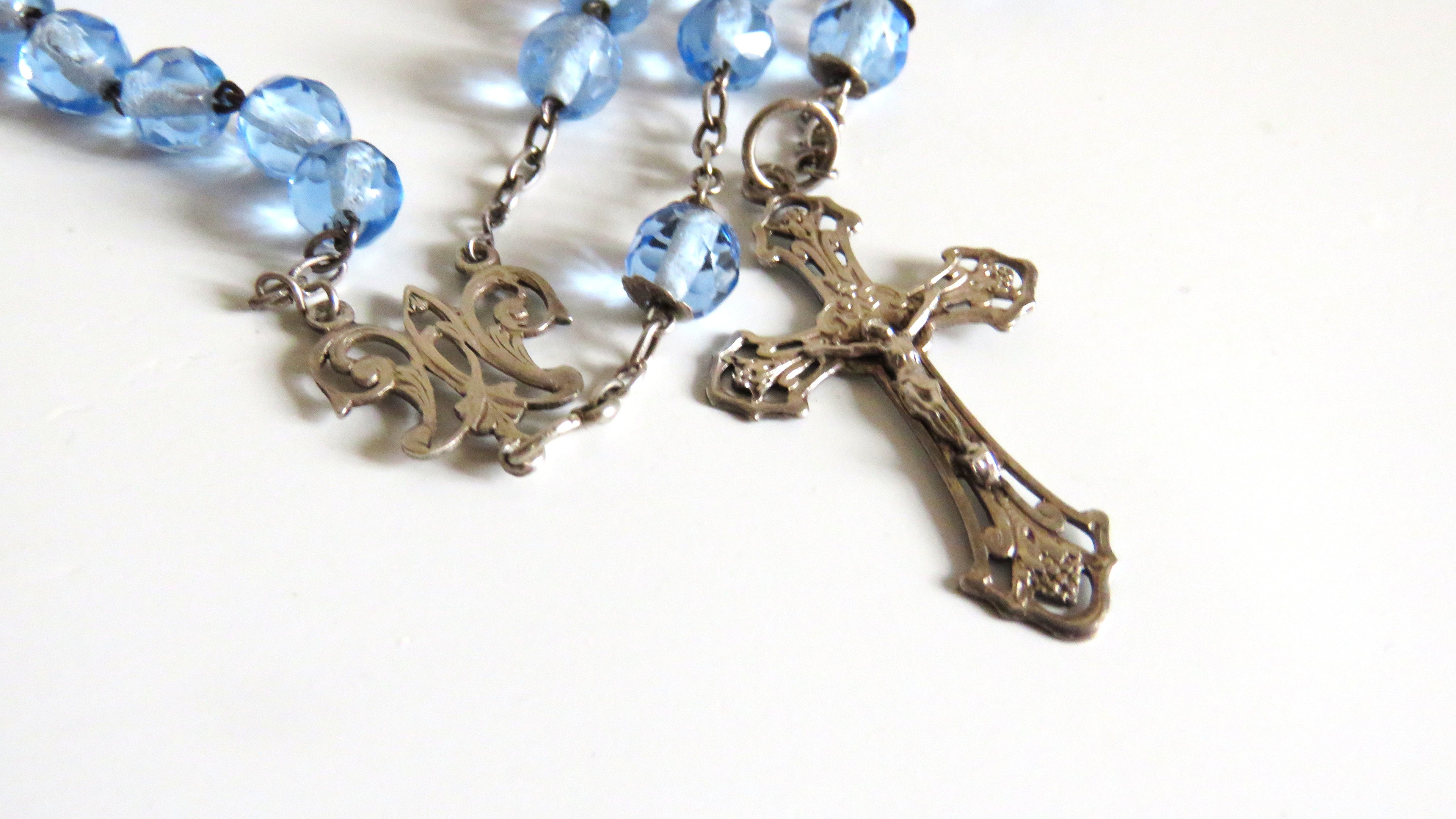 Antique French Silver Rosary Pale Blue Faceted Beads Vermeil Crucifix Marian Centre Enamel Medal - Vintage French Treasures