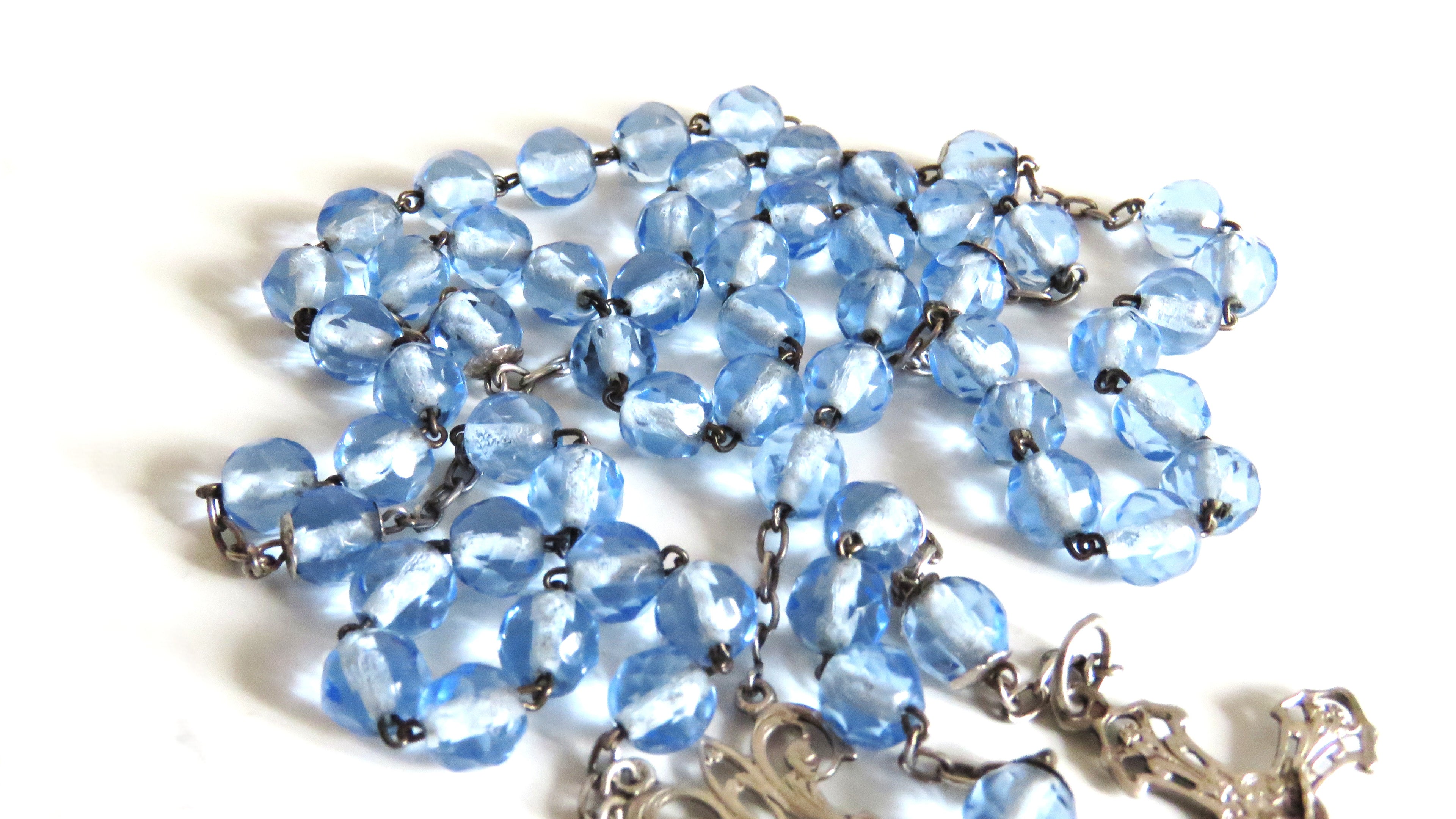 Antique French Silver Rosary Pale Blue Faceted Beads Vermeil Crucifix Marian Centre Enamel Medal - Vintage French Treasures