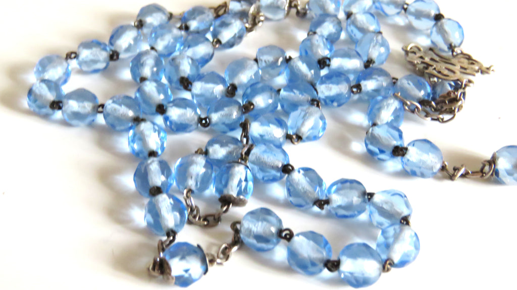Antique French Silver Rosary Pale Blue Faceted Beads Vermeil Crucifix Marian Centre Enamel Medal - Vintage French Treasures