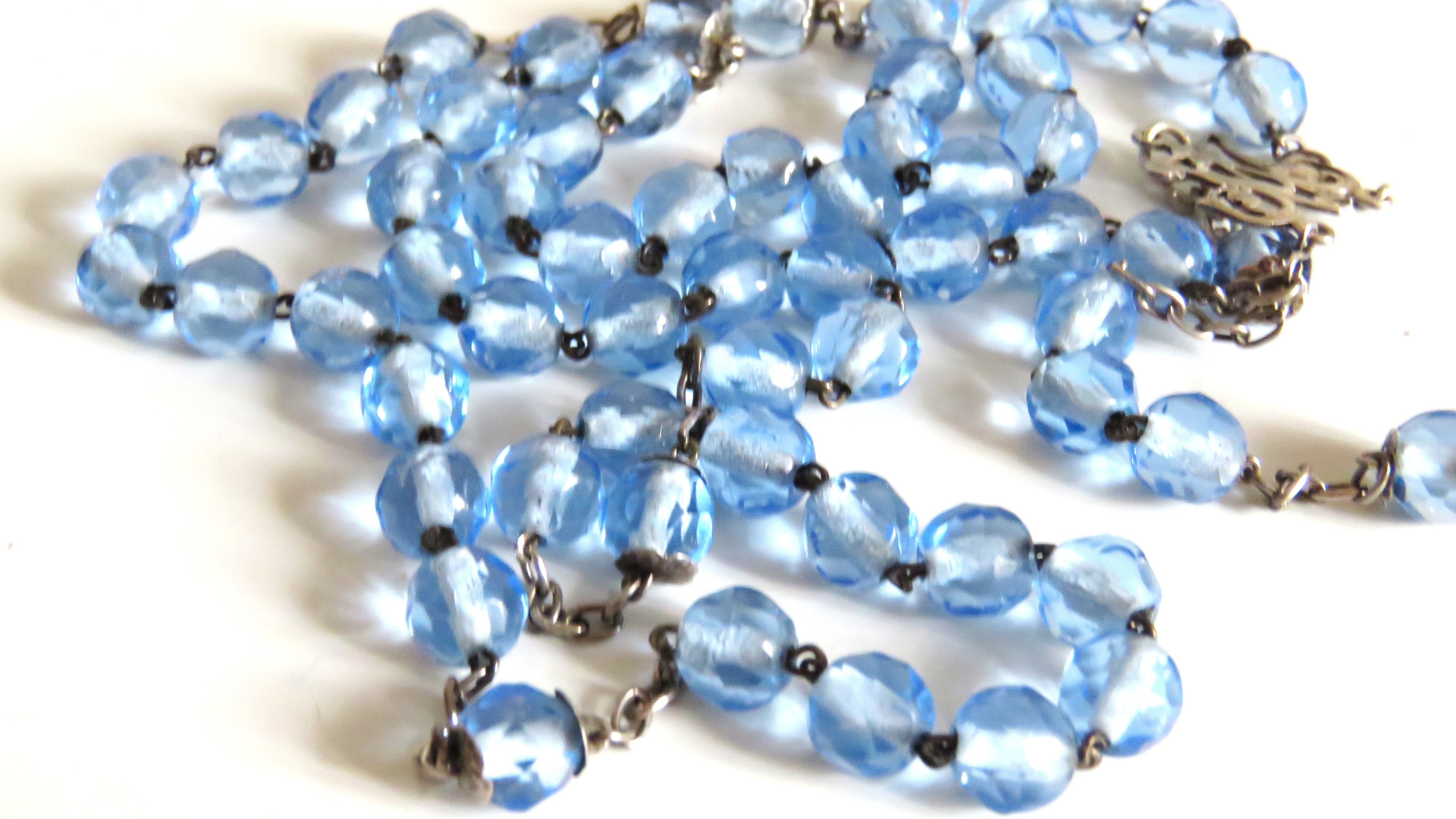 Antique French Silver Rosary Pale Blue Faceted Beads Vermeil Crucifix Marian Centre Enamel Medal - Vintage French Treasures