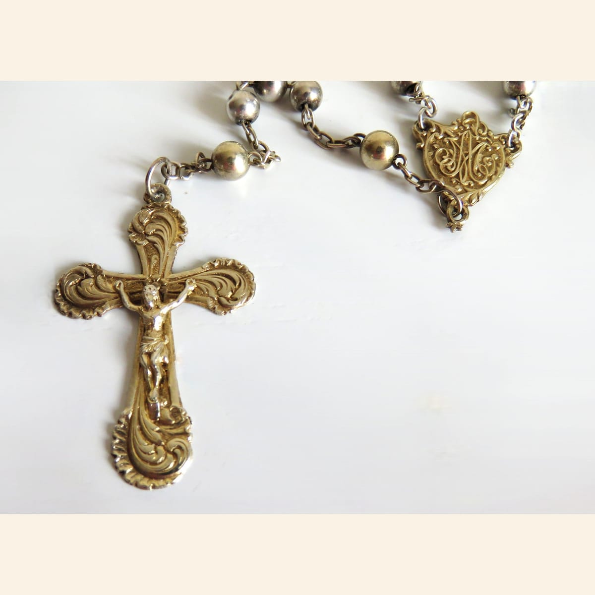 Antique French Hallmarked Silver Rosary with Vermeil Crucifix, Marian Centre & Original Purse - Vintage French Treasures