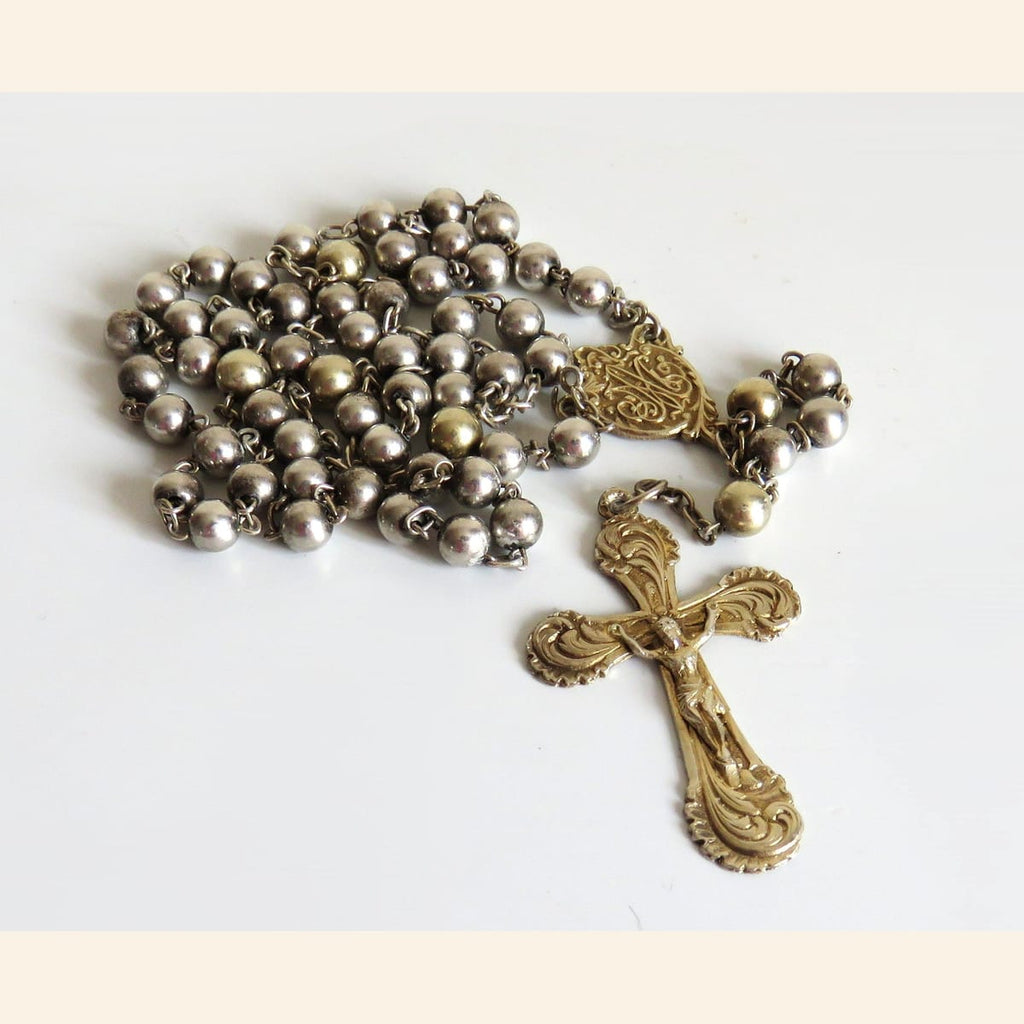 Antique French Hallmarked Silver Rosary with Vermeil Crucifix, Marian Centre & Original Purse - Vintage French Treasures