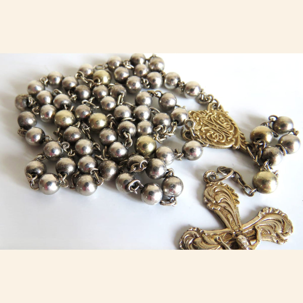 Antique French Hallmarked Silver Rosary with Vermeil Crucifix, Marian Centre & Original Purse - Vintage French Treasures