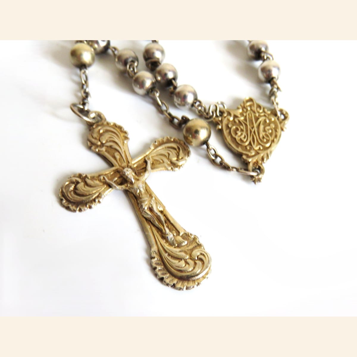 Antique French Hallmarked Silver Rosary with Vermeil Crucifix, Marian Centre & Original Purse - Vintage French Treasures