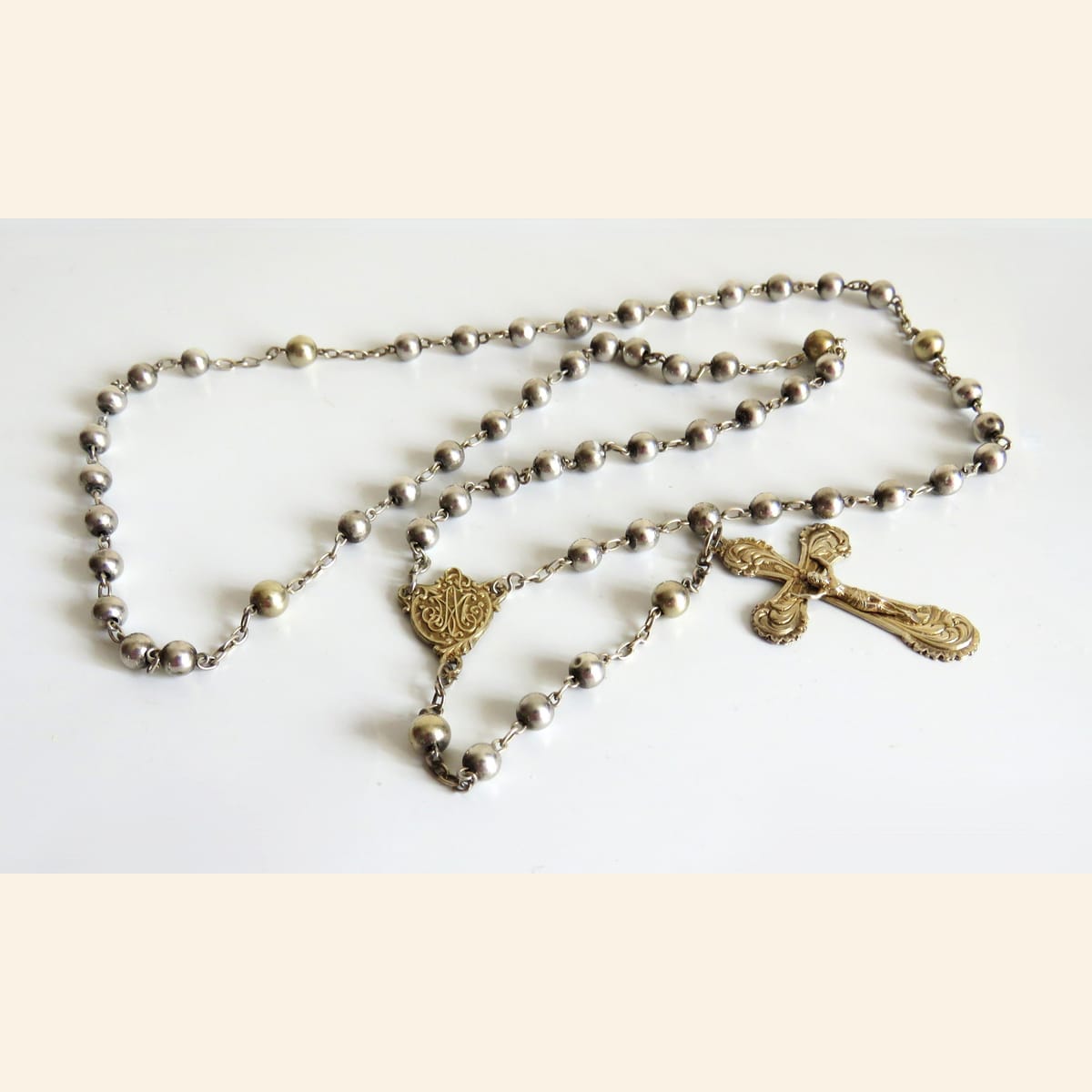 Antique French Hallmarked Silver Rosary with Vermeil Crucifix, Marian Centre & Original Purse - Vintage French Treasures
