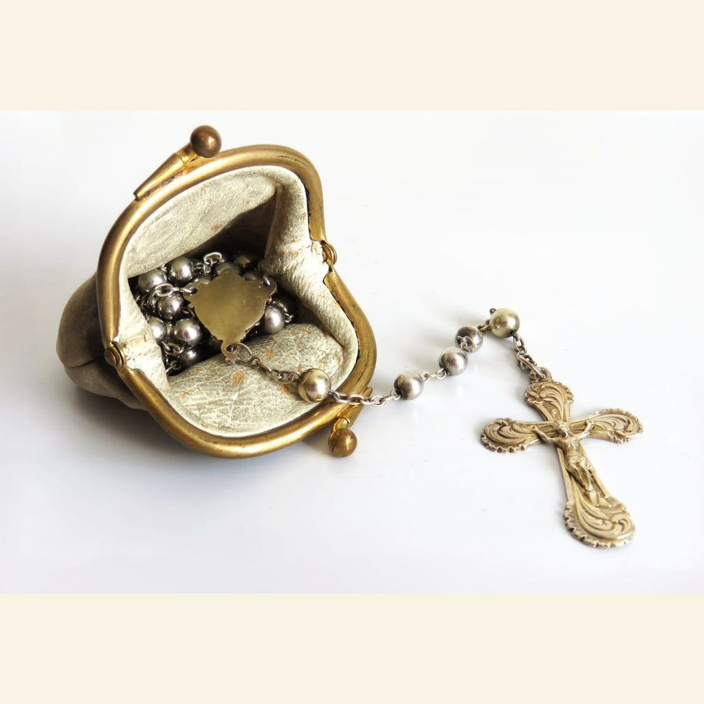 Antique French Hallmarked Silver Rosary with Vermeil Crucifix, Marian Centre & Original Purse - Vintage French Treasures