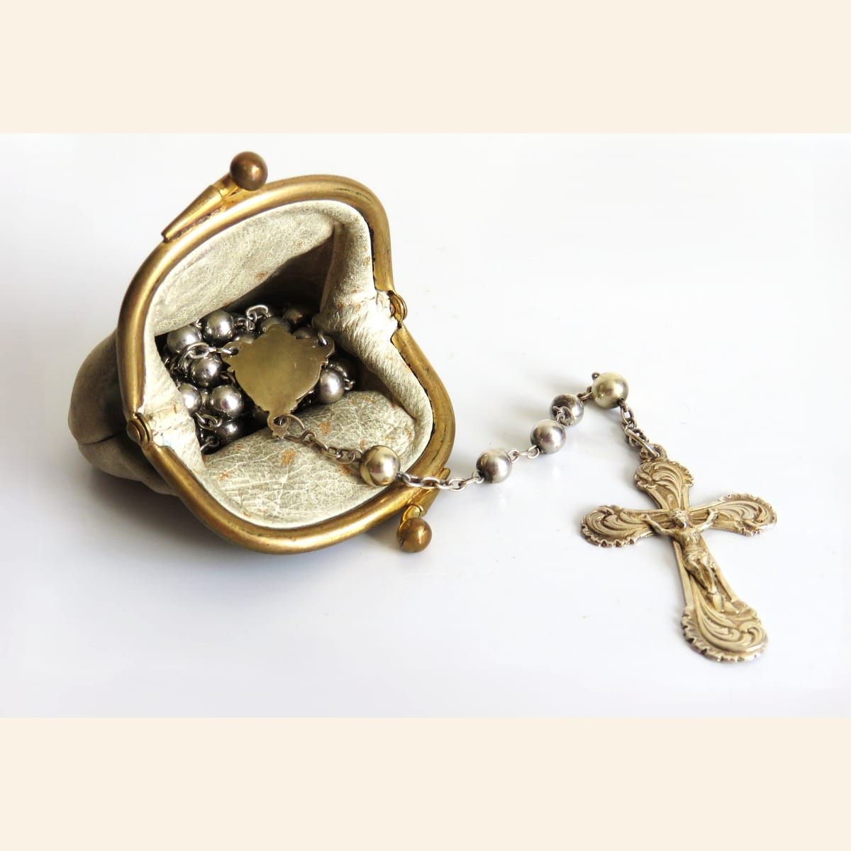 Antique French Hallmarked Silver Rosary with Vermeil Crucifix, Marian Centre & Original Purse - Vintage French Treasures