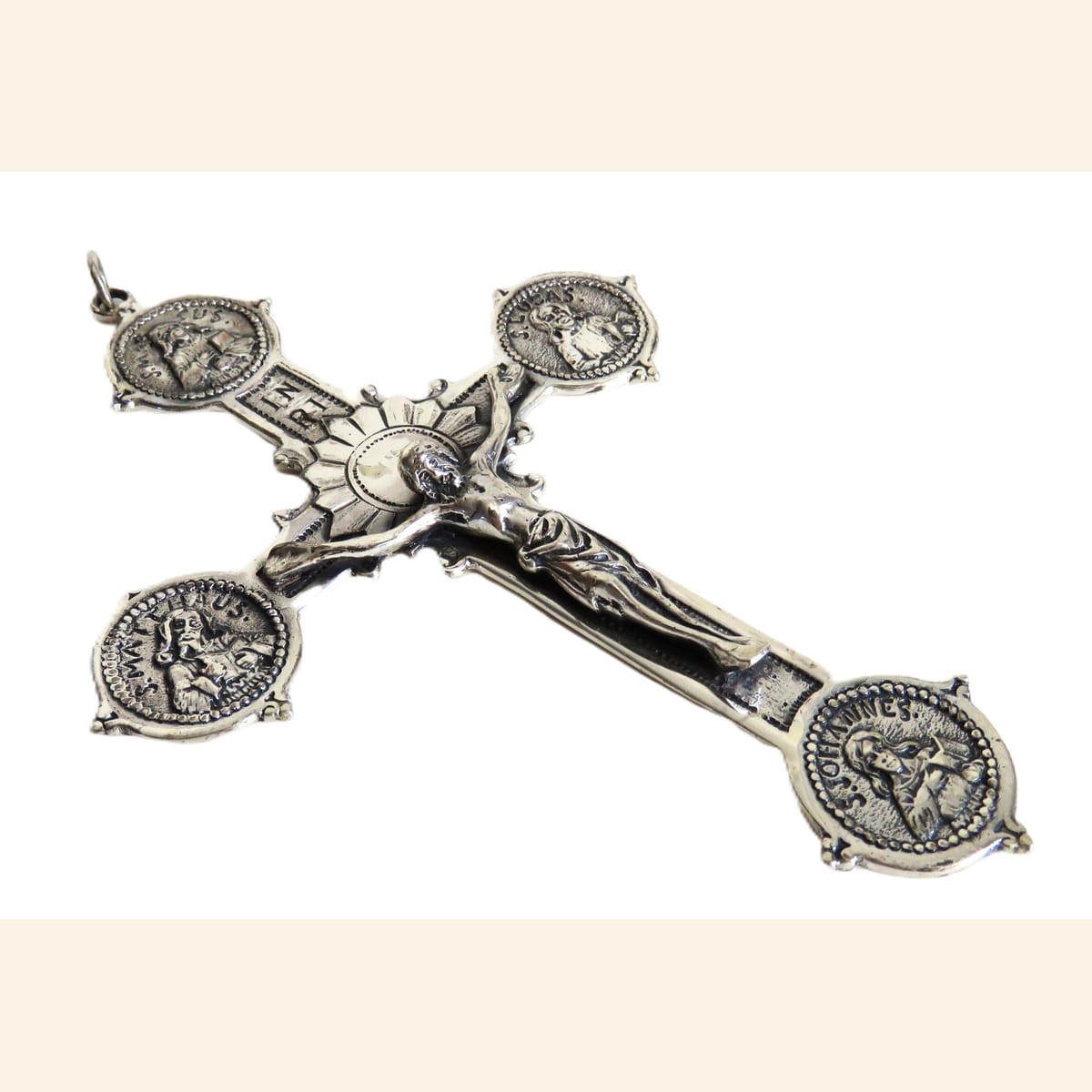 Spanish Silver Four Evangelists Cross, Christ Crucified, Catholic Devotional Cross - Vintage French Treasures