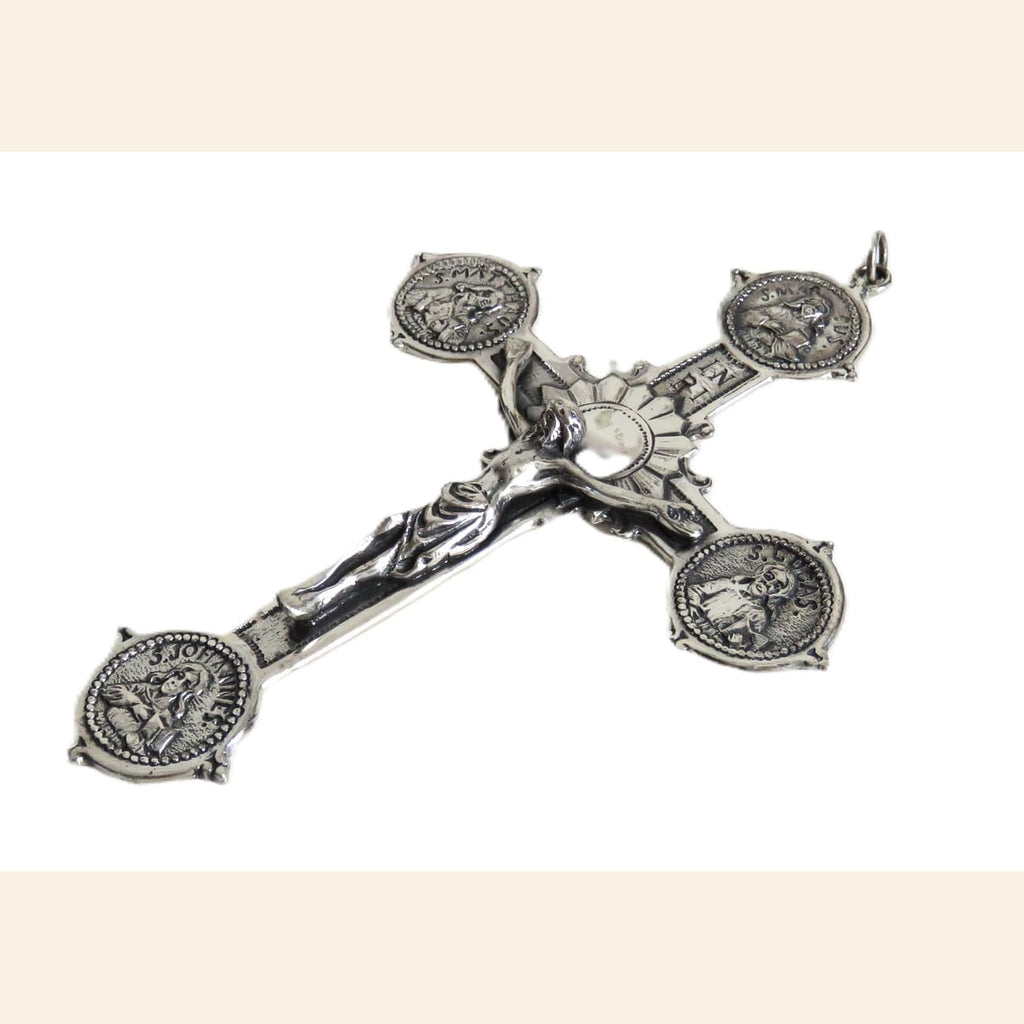 Spanish Silver Four Evangelists Cross, Christ Crucified, Catholic Devotional Cross - Vintage French Treasures