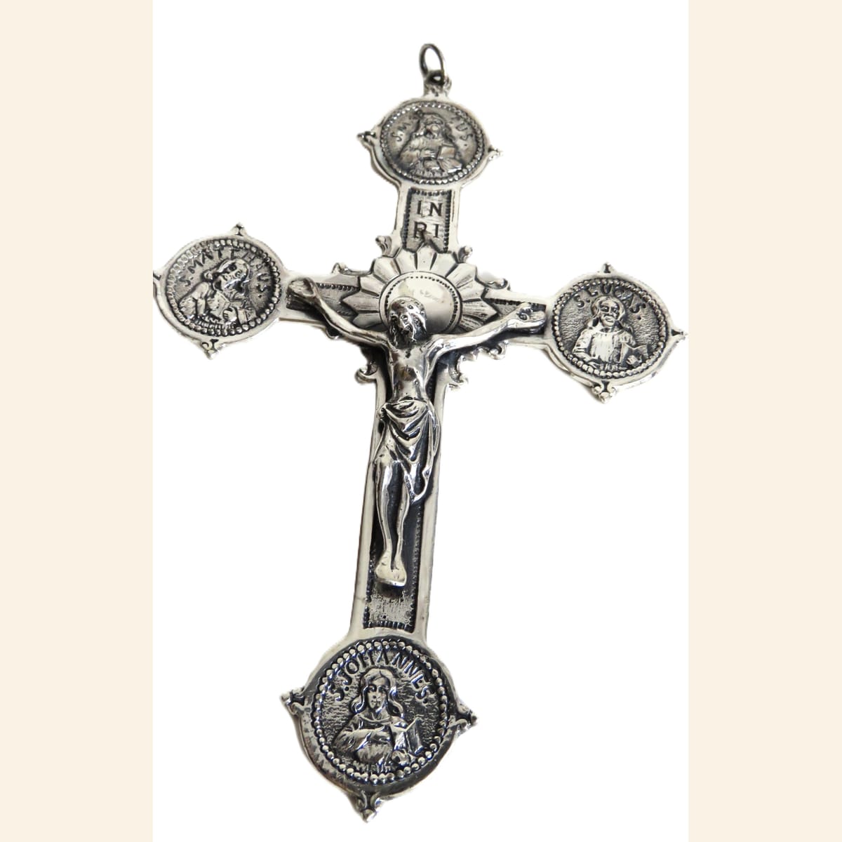 Spanish Silver Four Evangelists Cross, Christ Crucified, Catholic Devotional Cross - Vintage French Treasures