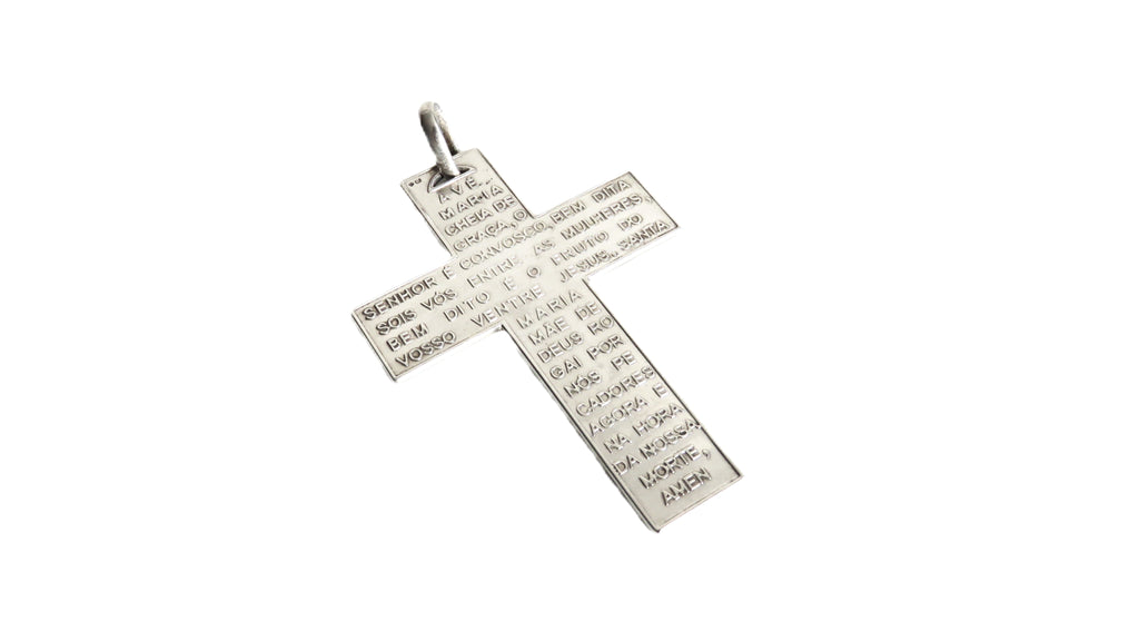 Vintage Hallmarked Silver Portuguese Prayer Cross Pendant, Engraved Ave Maria, Catholic Devotional Cross