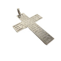 A silver cross pendant engraved with the Bible verses from Matthew 5:3-4, shown on a plain white background.