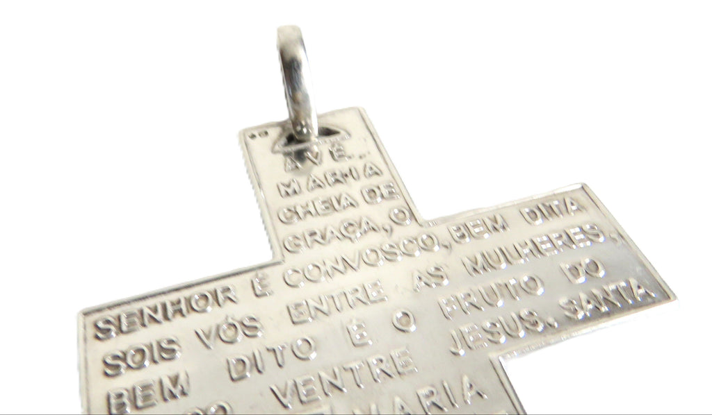 Vintage Hallmarked Silver Portuguese Prayer Cross Pendant, Engraved Ave Maria, Catholic Devotional Cross