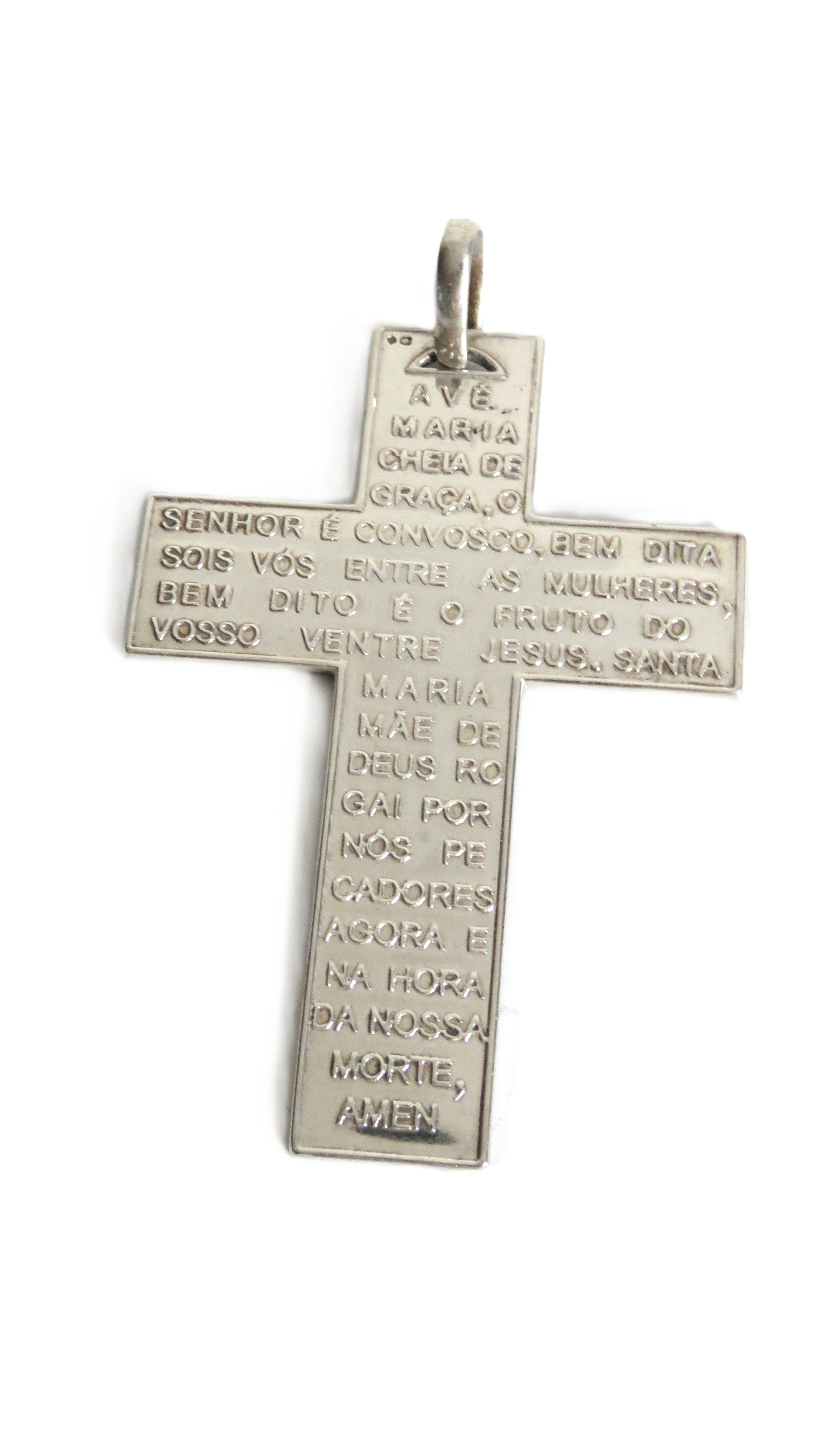 Vintage Hallmarked Silver Portuguese Prayer Cross Pendant, Engraved Ave Maria, Catholic Devotional Cross