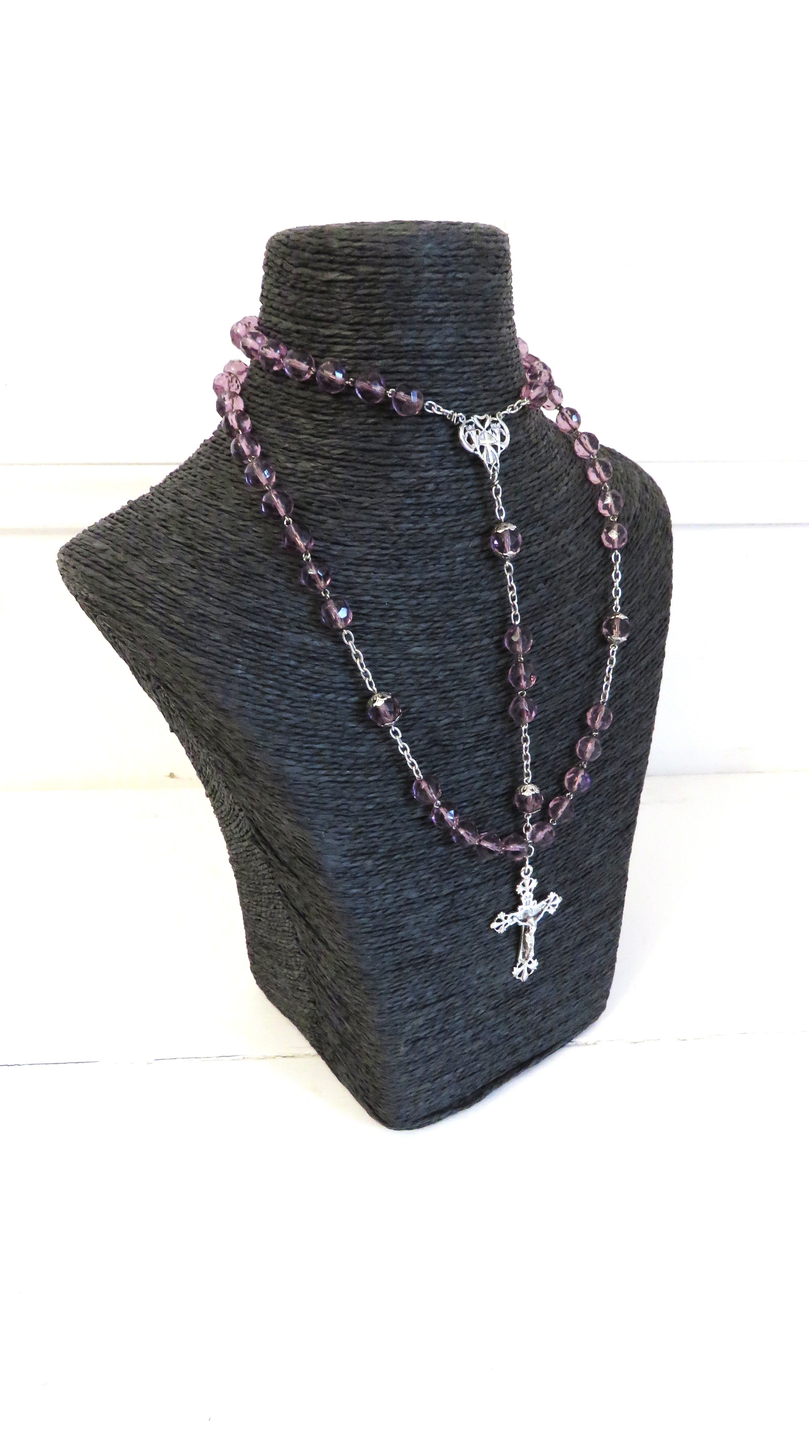 Antique French Art Nouveau Silver Rosary Purple Faceted Glass Beads Lily Centre Crucifix - Vintage French Treasures