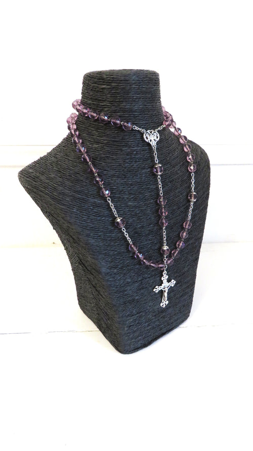 Antique French Art Nouveau Silver Rosary Purple Faceted Glass Beads Lily Centre Crucifix - Vintage French Treasures
