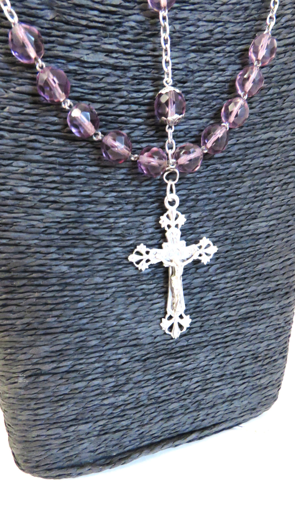 Antique French Art Nouveau Silver Rosary Purple Faceted Glass Beads Lily Centre Crucifix - Vintage French Treasures
