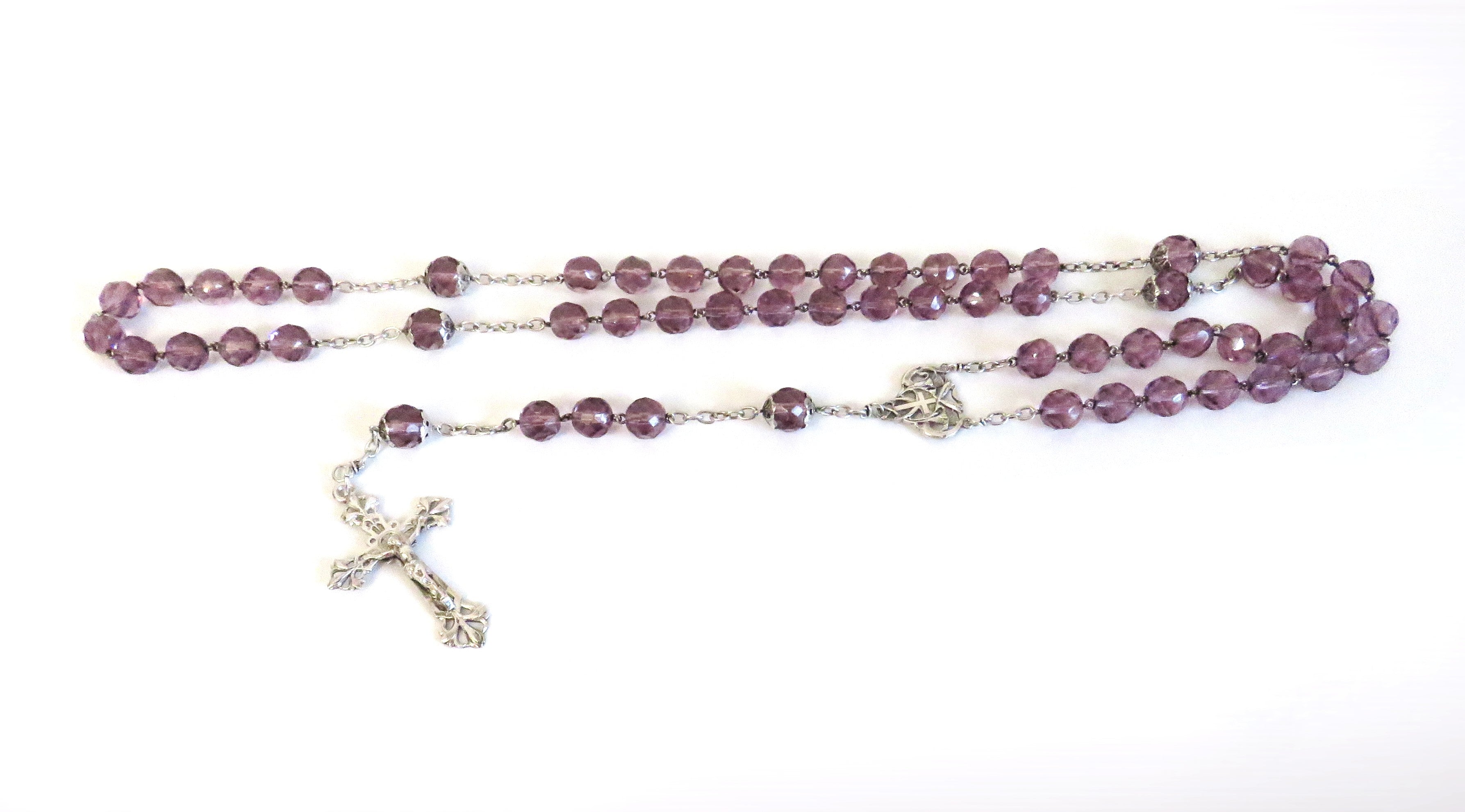 Antique French Art Nouveau Silver Rosary Purple Faceted Glass Beads Lily Centre Crucifix - Vintage French Treasures
