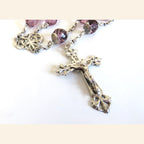 Antique French Art Nouveau Silver Rosary Purple Faceted Glass Beads Lily Centre Crucifix -