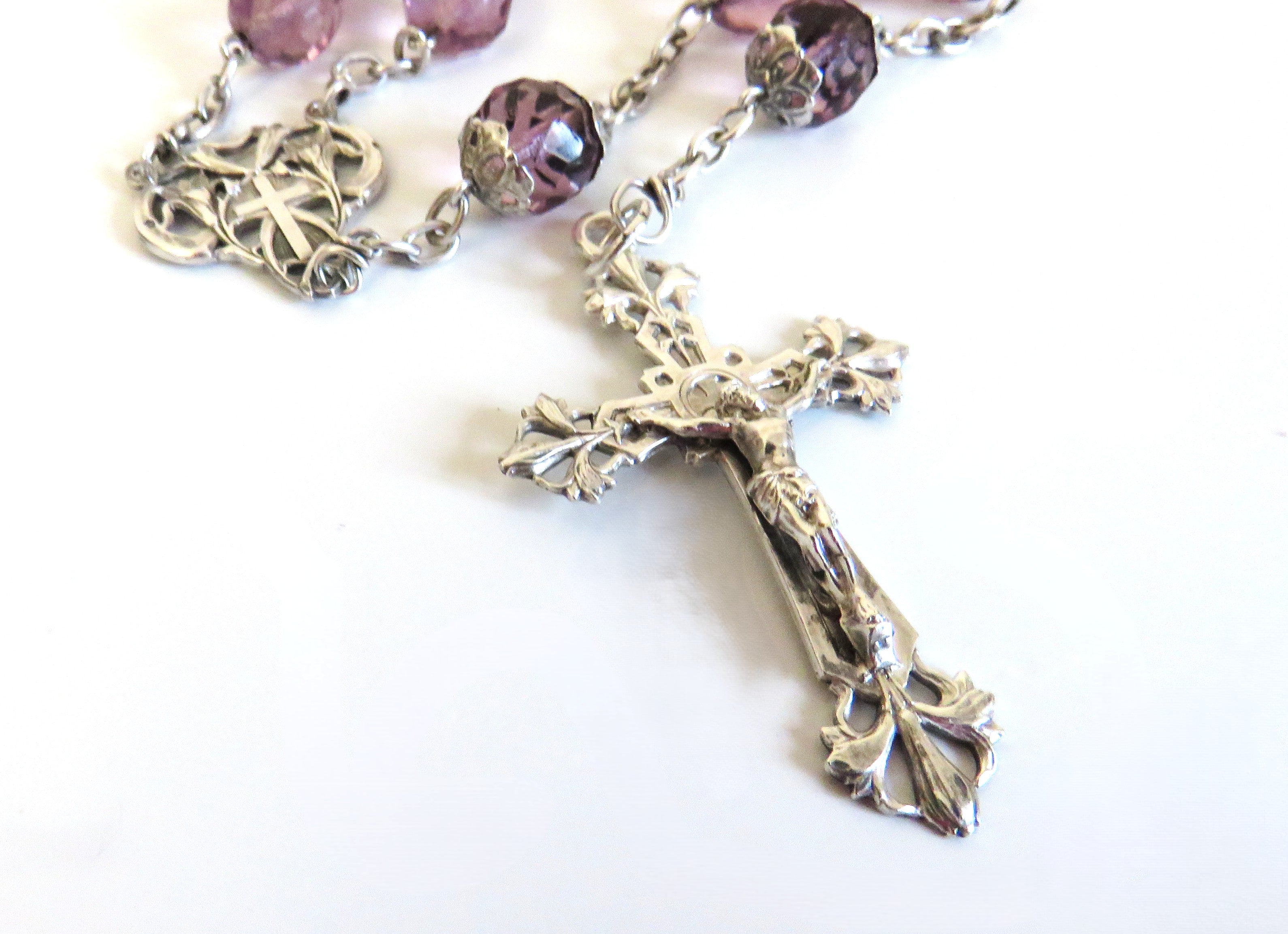Antique French Art Nouveau Silver Rosary Purple Faceted Glass Beads Lily Centre Crucifix - Vintage French Treasures