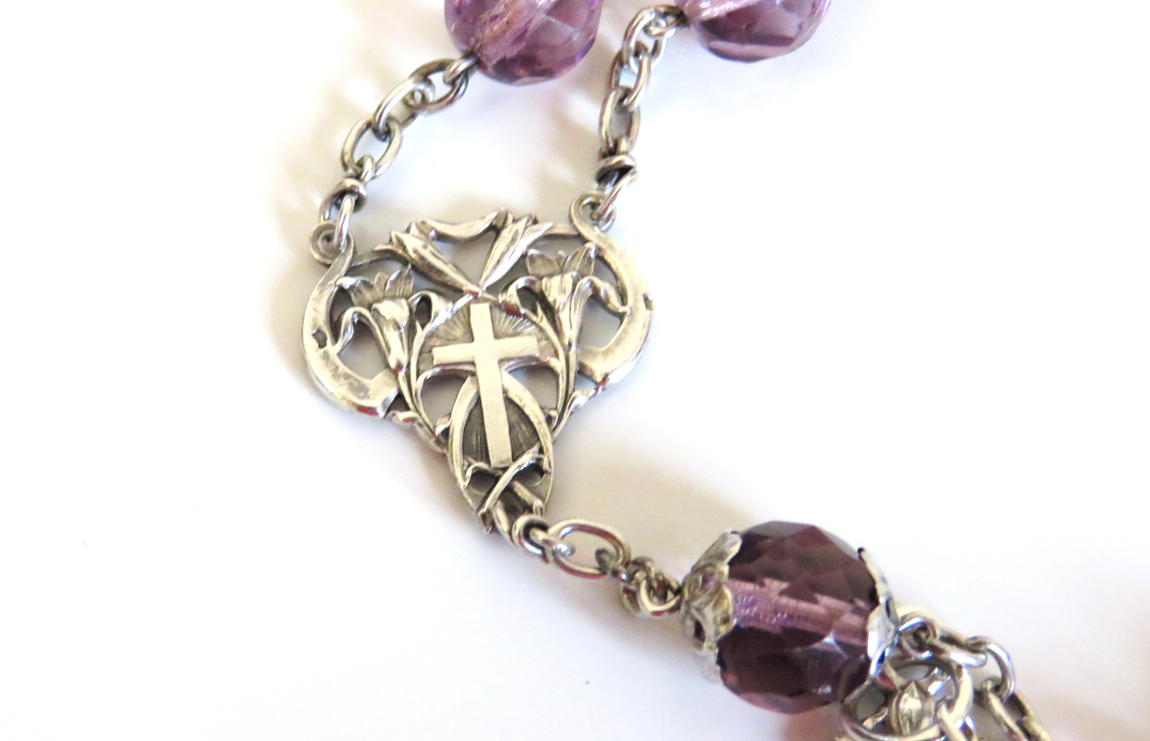 Antique French Art Nouveau Silver Rosary Purple Faceted Glass Beads Lily Centre Crucifix - Vintage French Treasures