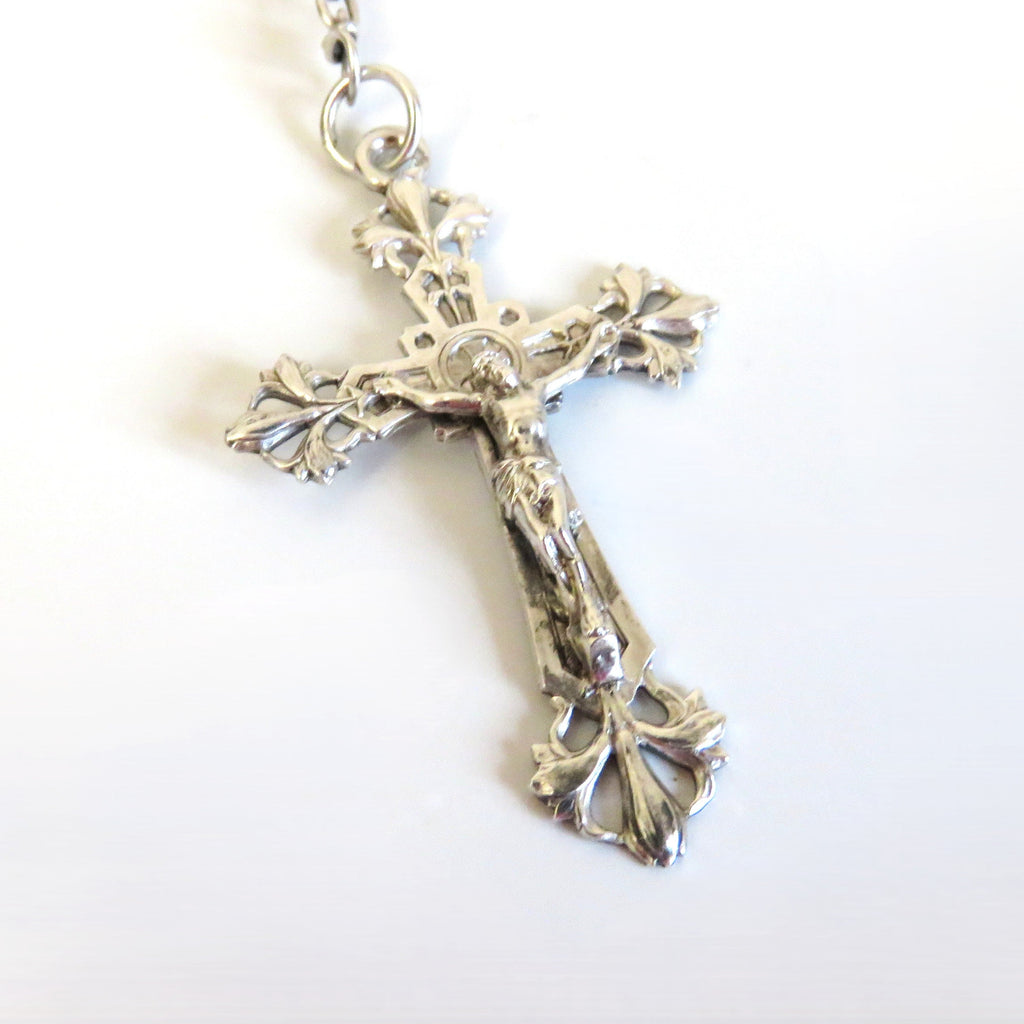 Antique French Art Nouveau Silver Rosary Purple Faceted Glass Beads Lily Centre Crucifix - Vintage French Treasures