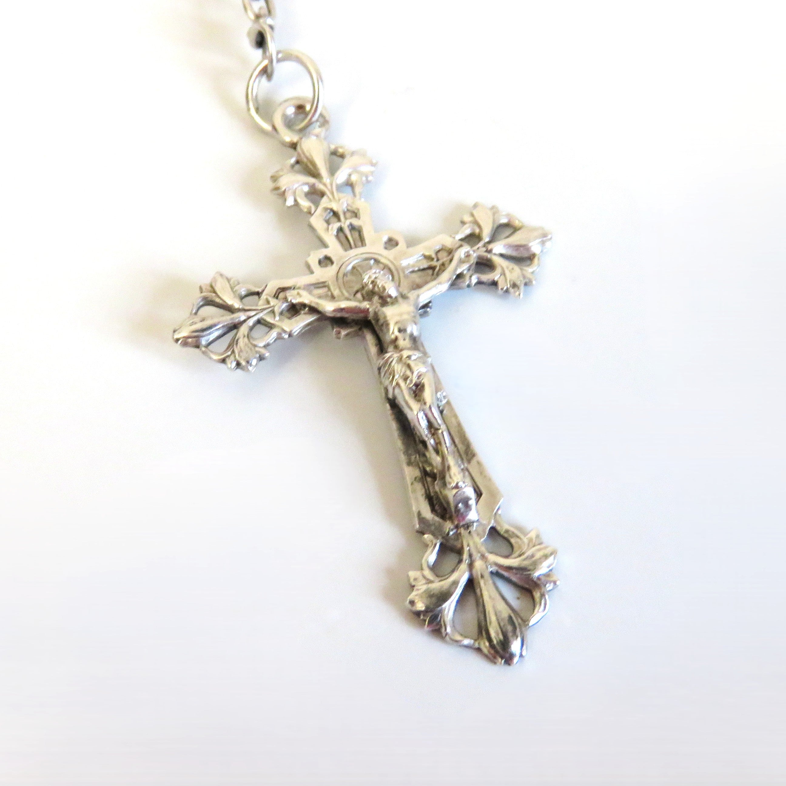 Antique French Art Nouveau Silver Rosary Purple Faceted Glass Beads Lily Centre Crucifix - Vintage French Treasures