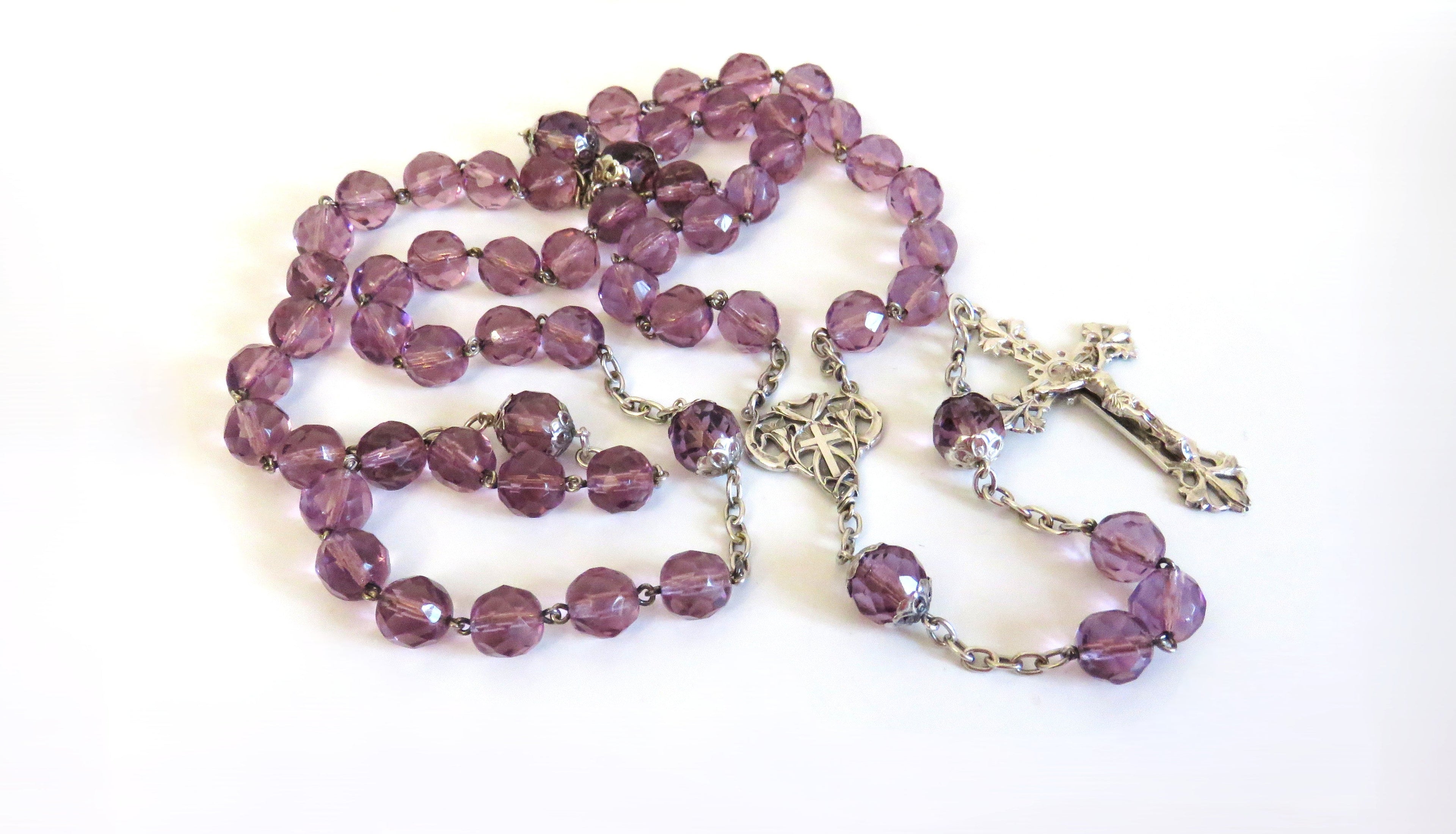 Antique French Art Nouveau Silver Rosary Purple Faceted Glass Beads Lily Centre Crucifix - Vintage French Treasures