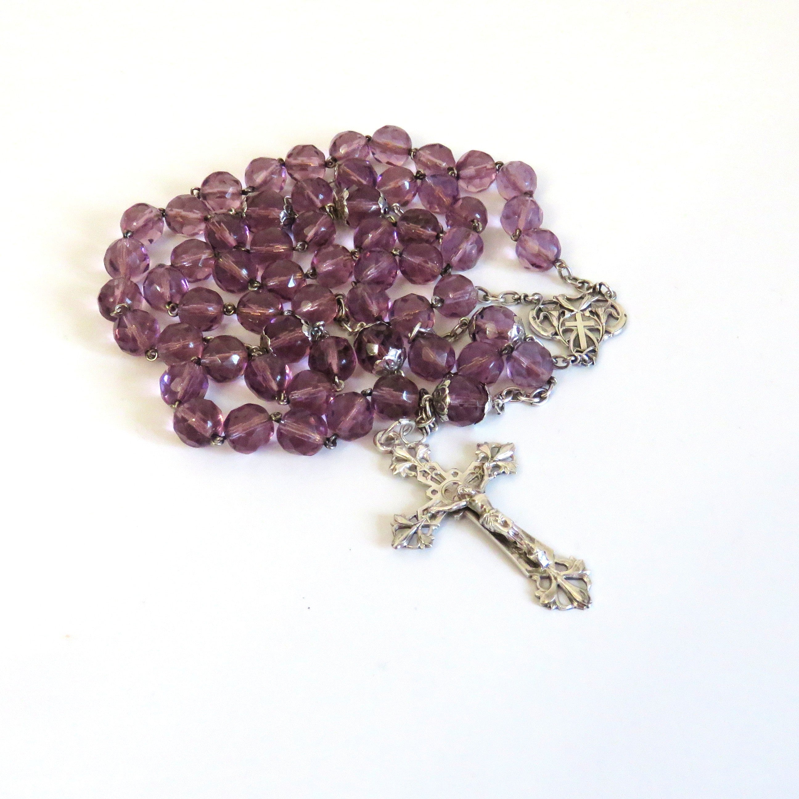 Antique French Art Nouveau Silver Rosary Purple Faceted Glass Beads Lily Centre Crucifix - Vintage French Treasures