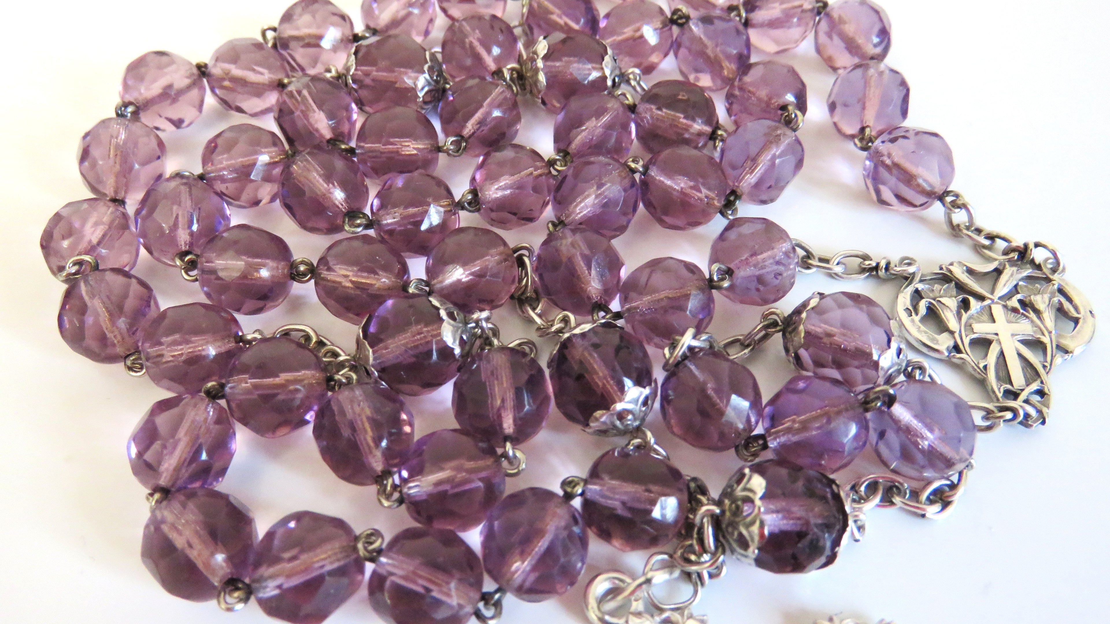 Antique French Art Nouveau Silver Rosary Purple Faceted Glass Beads Lily Centre Crucifix - Vintage French Treasures