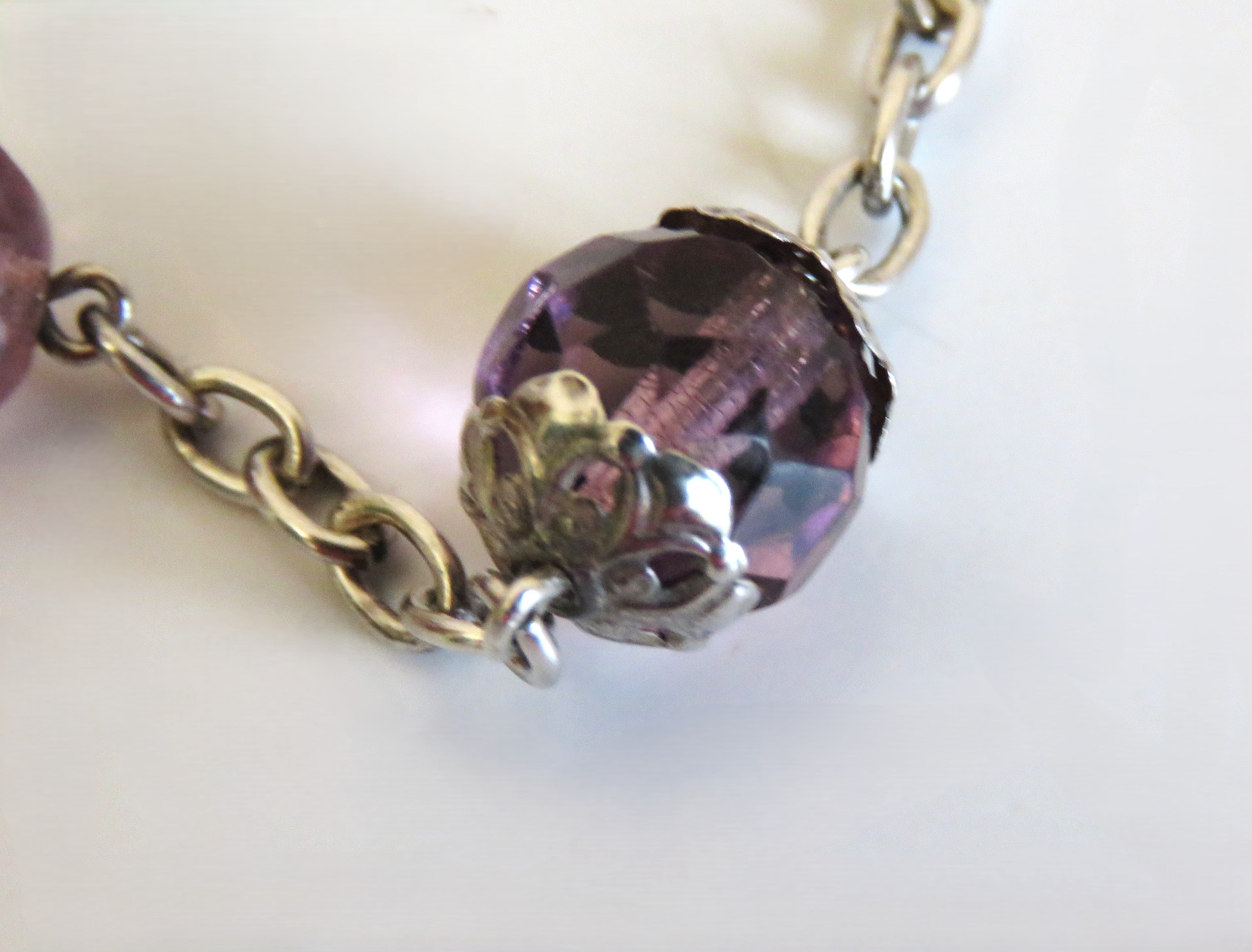 Antique French Art Nouveau Silver Rosary Purple Faceted Glass Beads Lily Centre Crucifix - Vintage French Treasures