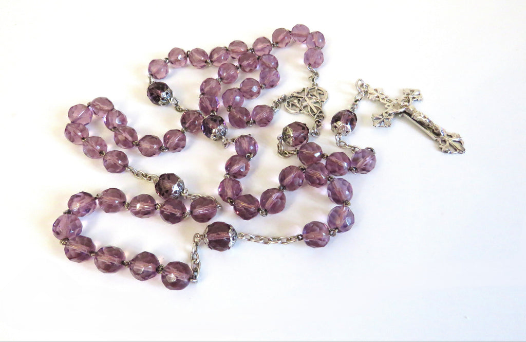 Antique French Art Nouveau Silver Rosary Purple Faceted Glass Beads Lily Centre Crucifix - Vintage French Treasures