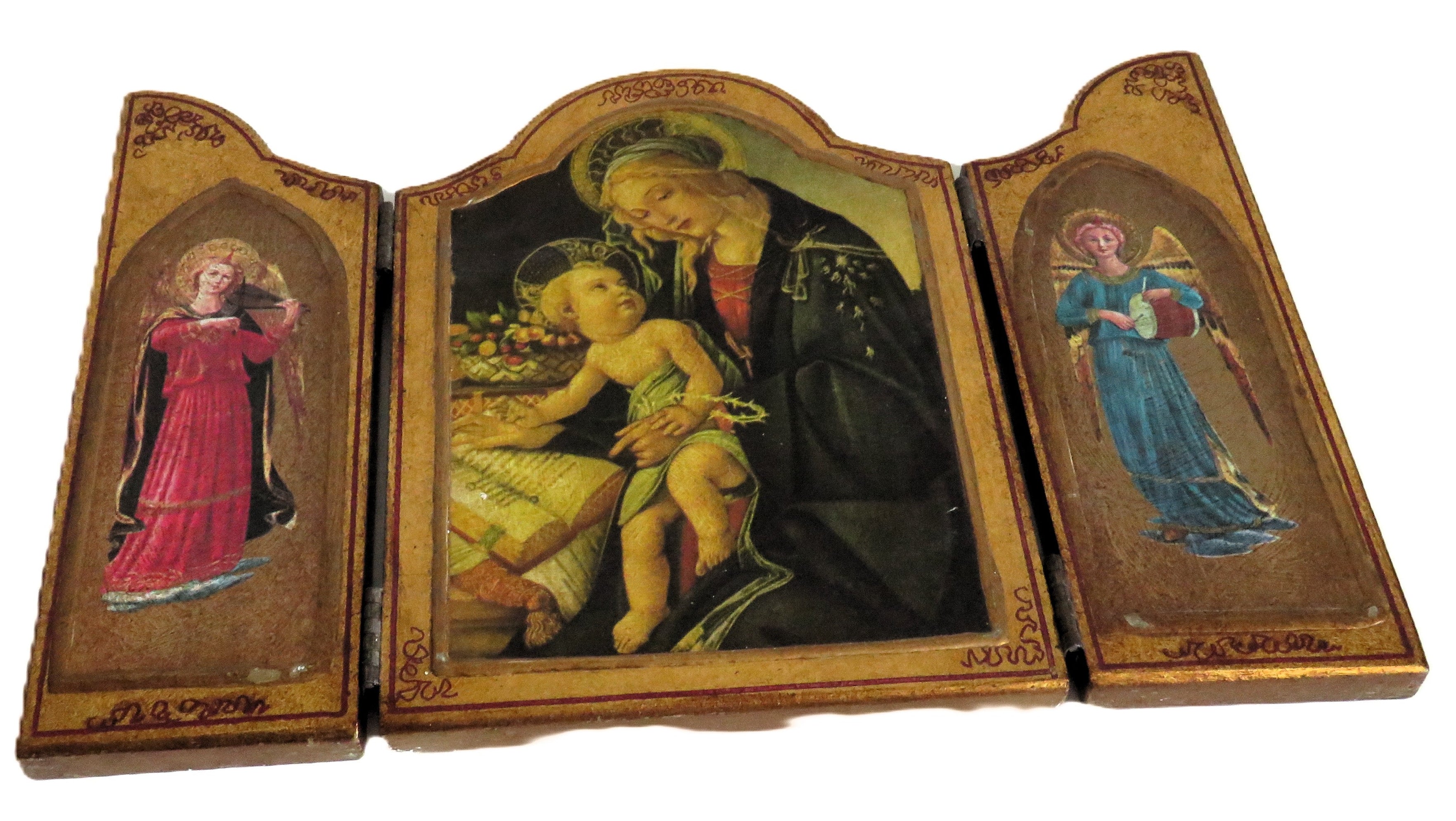 Italian Florentine Folding Triptych, Madonna & Child with Musical Angels, Vintage Religious Icon - Vintage French Treasures